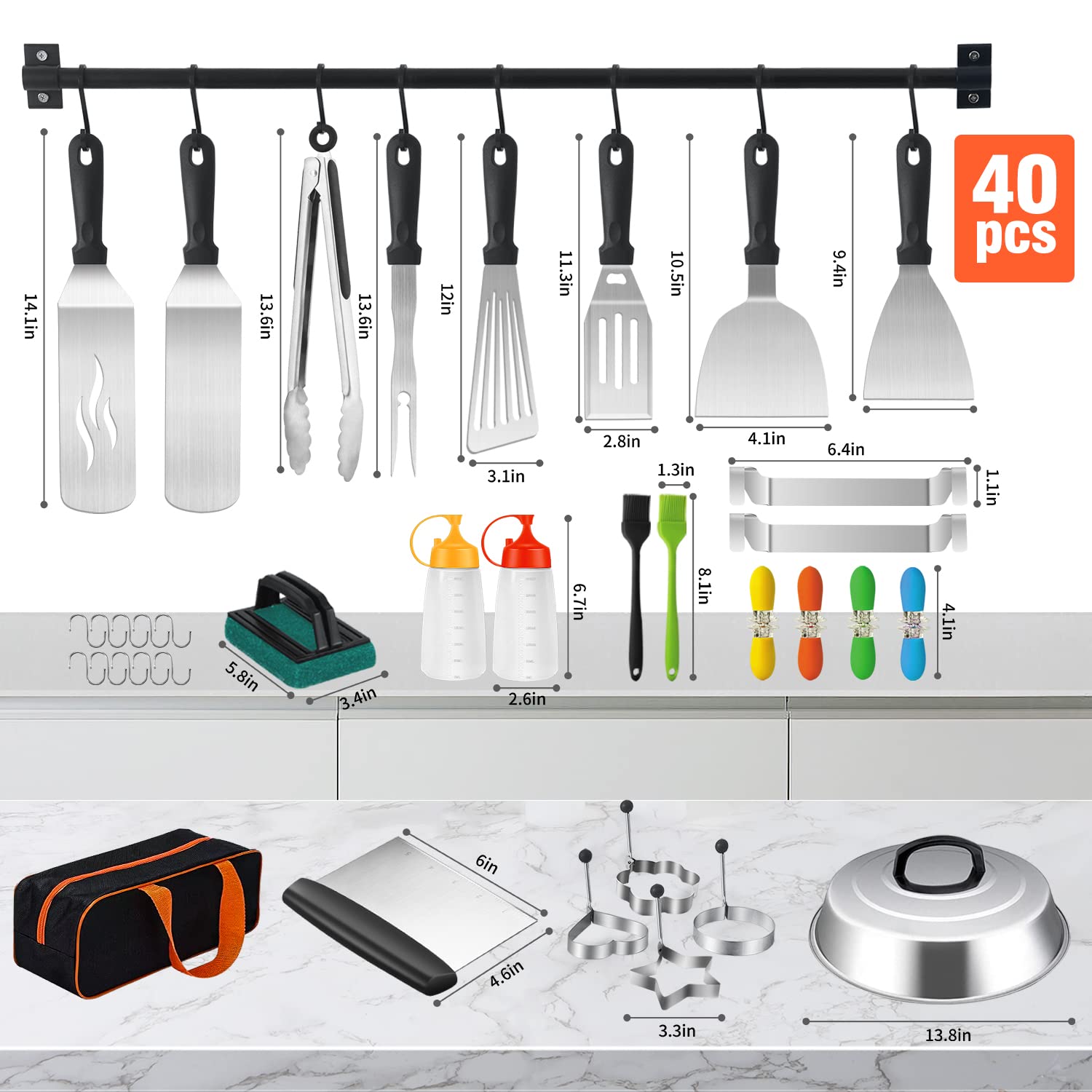 40 Pcs Griddle Accessories Kit  Flat Top Grill Accessories Set for Blackstone and Camp Chef  Griddle Tools Set with Spatula  Basting Cover  Scraper  Bottle  Tongs  Egg Ring for Outdoor BBQ and Camping
