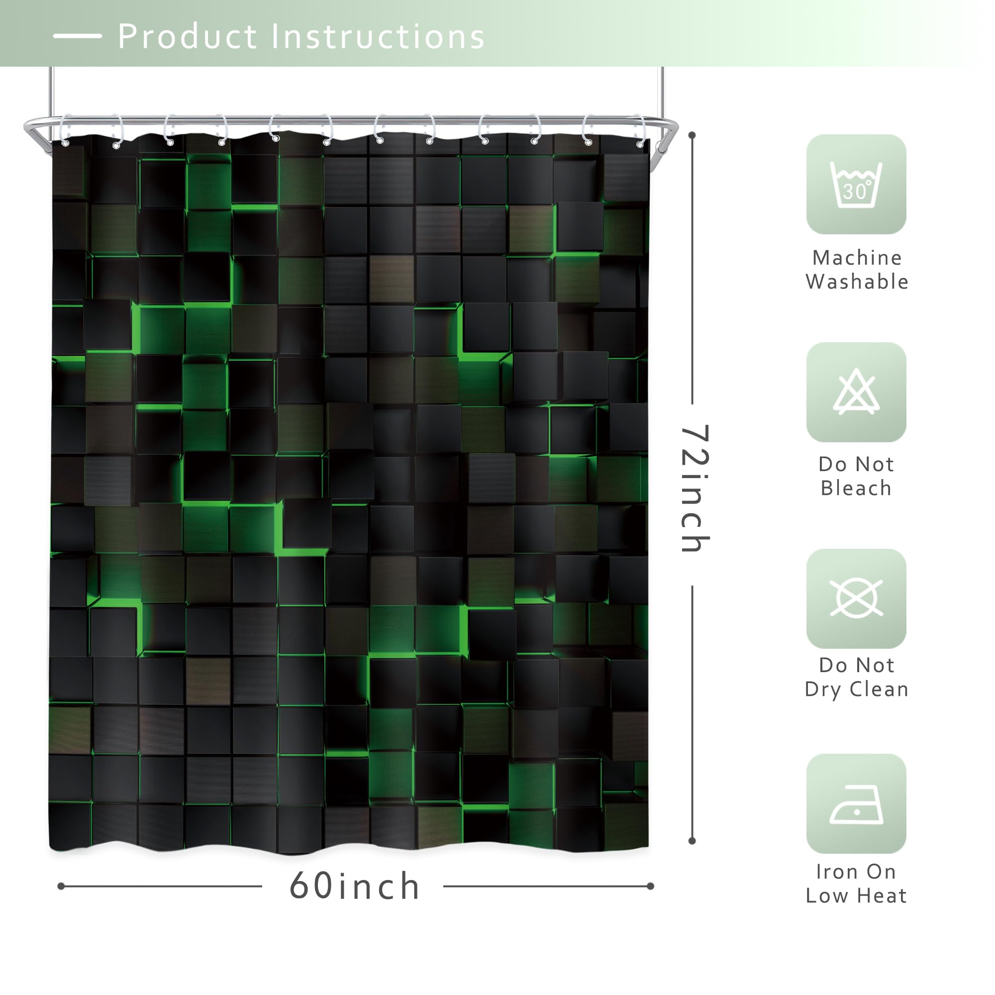 Riyidecor Black Green Shower Curtain 60Wx72H Inch Abstract Wall Brick Modern 3D Gradient Design Futuristic Geometric Plaid Cubes