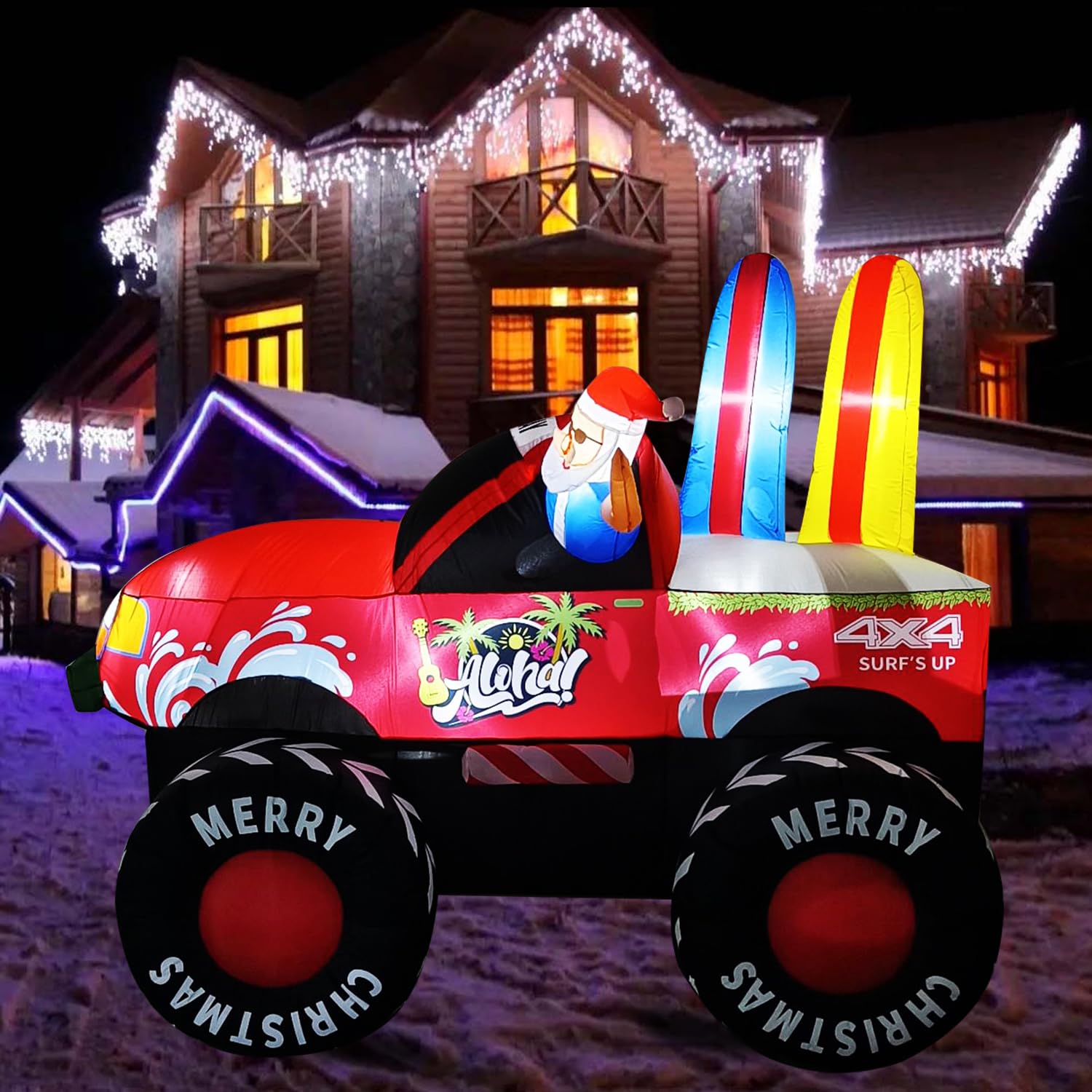 7FT Long Monster Truck by Santa Christmas Inflatables Outdoor Decorations, Xmas Blow up Haiwaii Santa Driving Monster Trucks, In