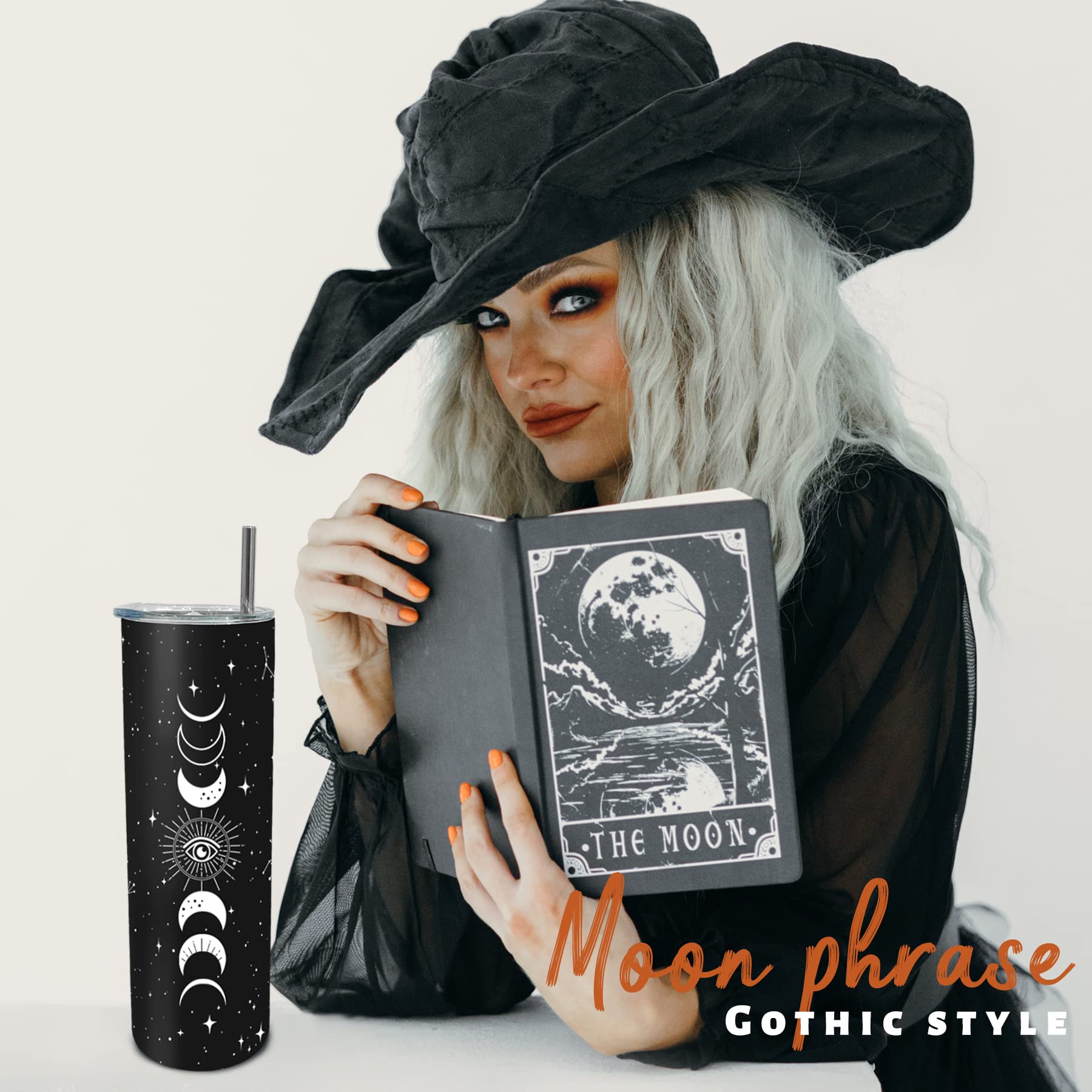 Goth Moon Tumbler With Lid And Straw, Moon Phase Gothic Decor, Black Vacuum Insulated Stainless Steel 20 Oz Witchy Tumbler Cup-