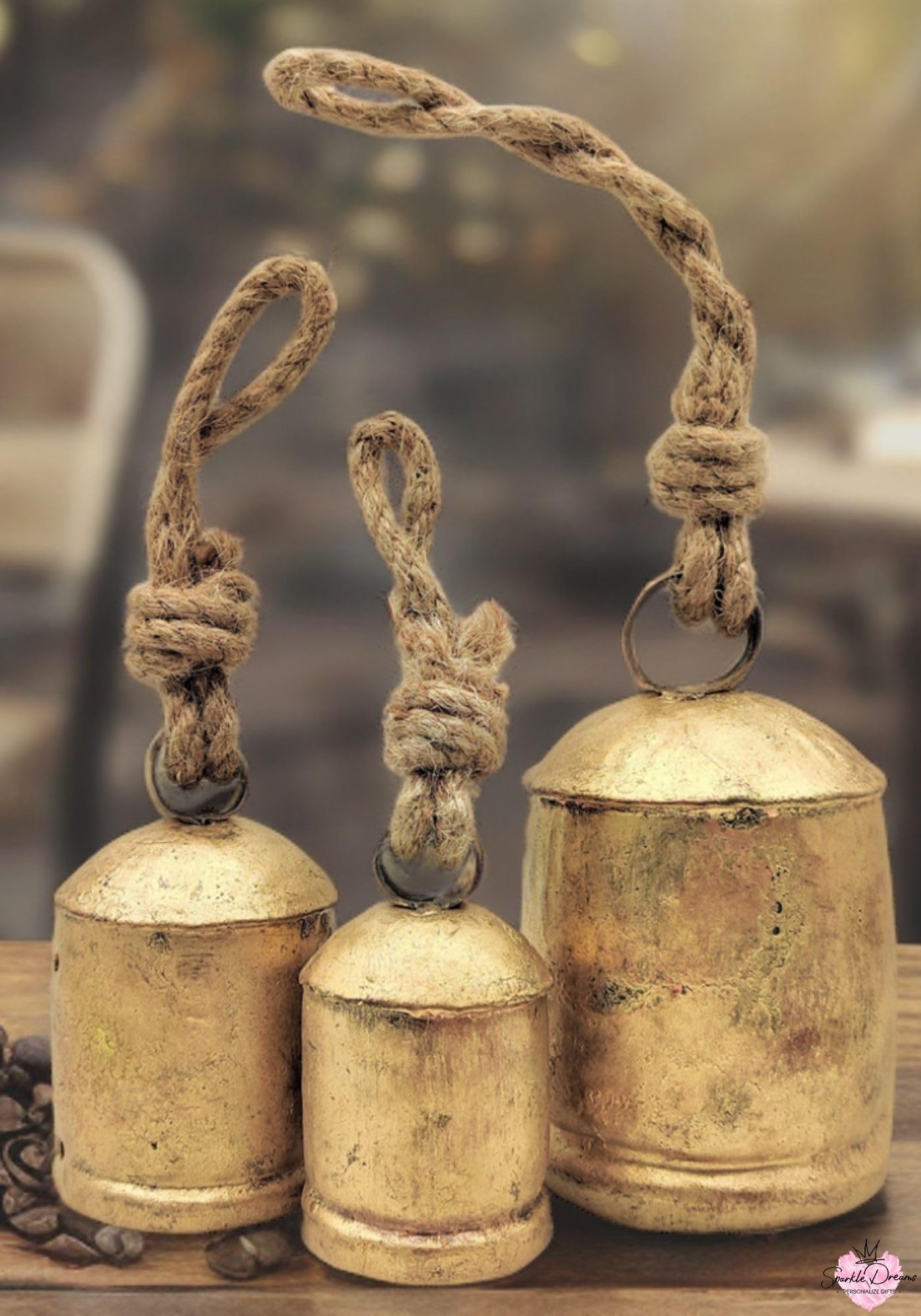 Sparkle Dreams Shabby Chic Vintage Country Style Rustic Metal Bells Set of 3 Hanging Harmony Giant Cow Bells on Rope