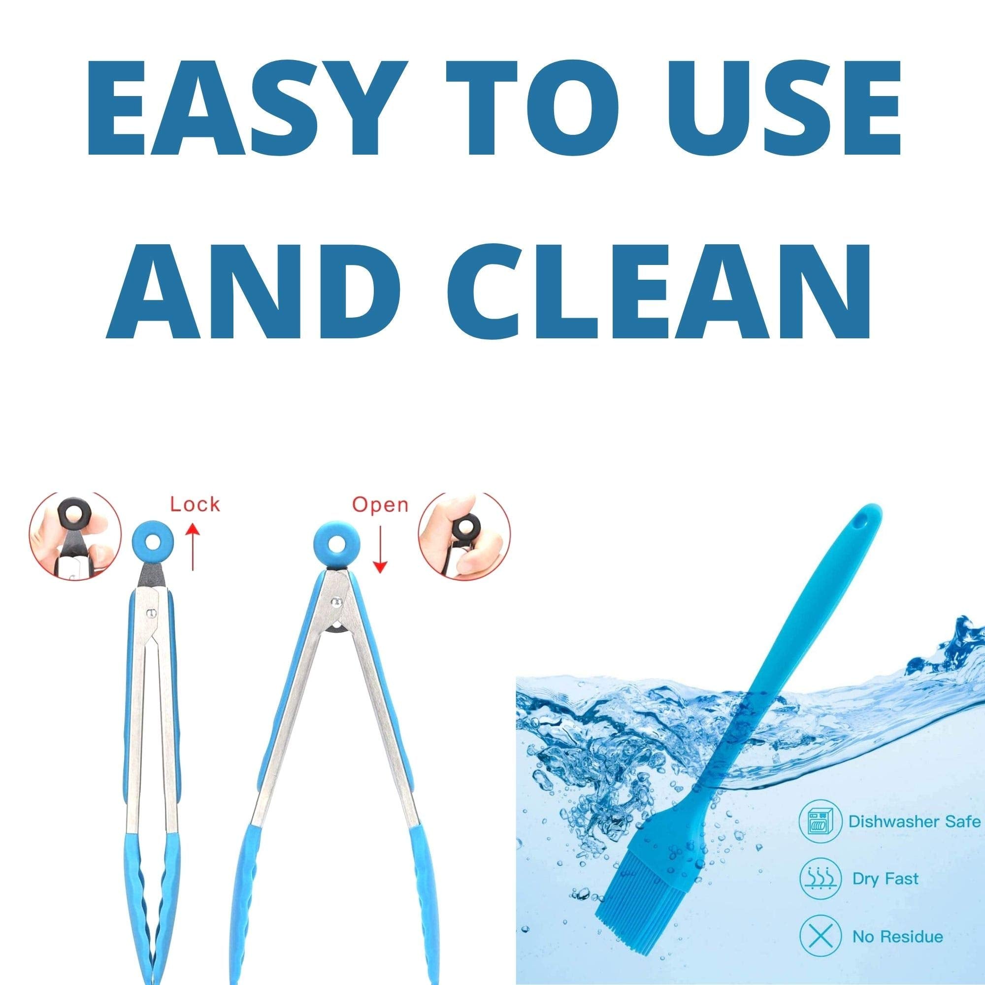 Heavy Duty Silicone Food Basting Brush and Tongs Kitchen Set  Heat Resistant with Stainless Steel for BBQ Grill & Baking  Soft Bristles and Long Handle  2 Tongs  1 Brush  and 1 Spatula (4 in 1 Set)