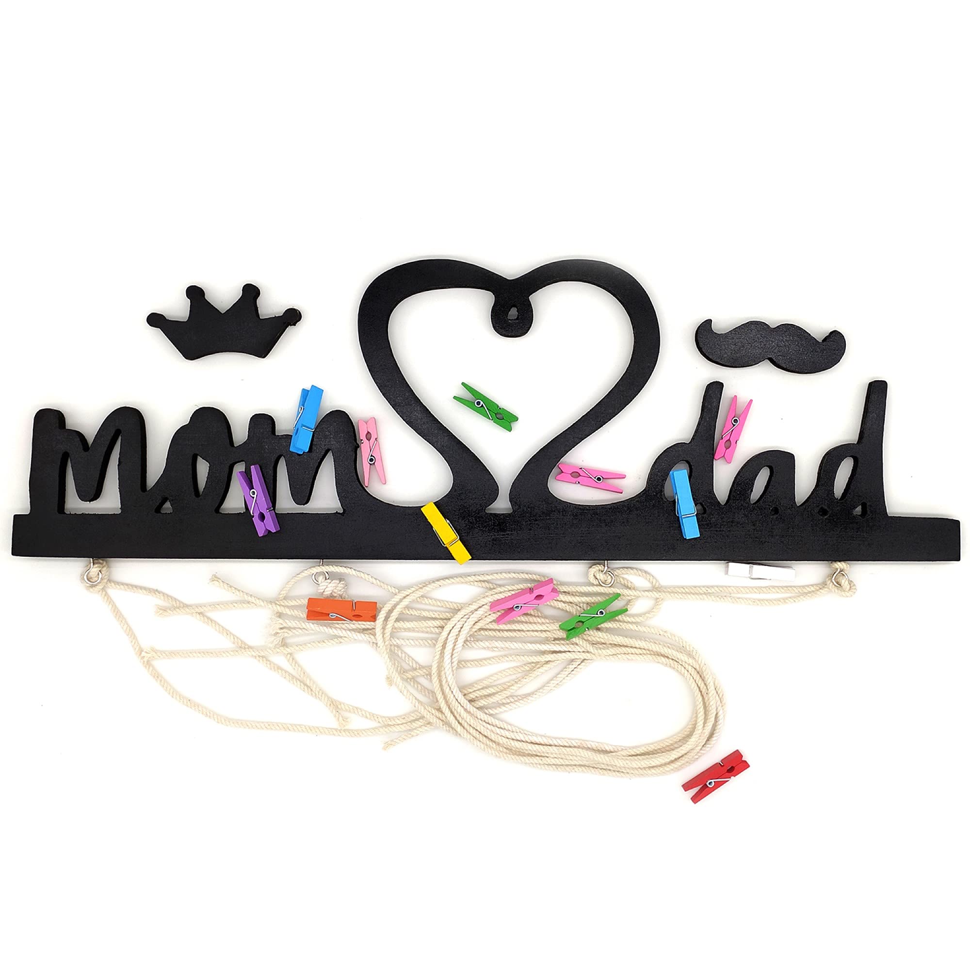 Vah Wooden Photo Frame With Led Light - Display Picture Collage Organizer With Clips (Mom And Dad With Light)