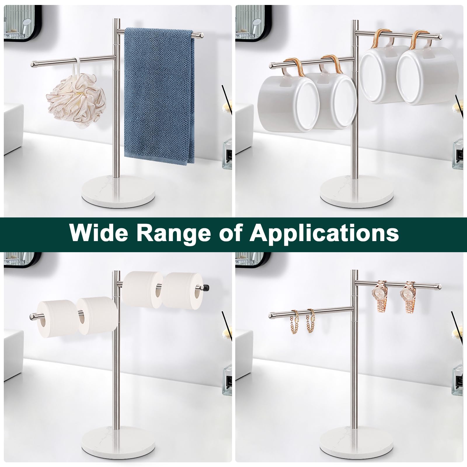 Bathace Hand Towel Holder, F-Shape Hand Towel Stand With Marble Base, Stainless Steel Swivel Stand Hand Towel Rack Free-Standing