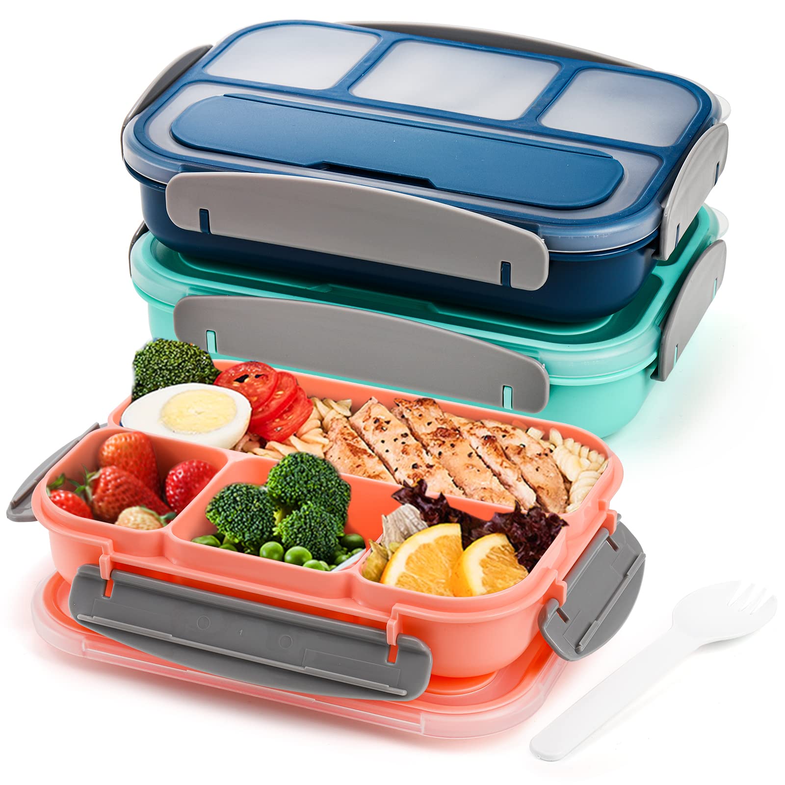 Okllen 3 Pack Bento Lunch Boxes With Spoon And 4 Compartment, Plastic Meal Prep Containers With Lids, Leakproof Food Storage Sna