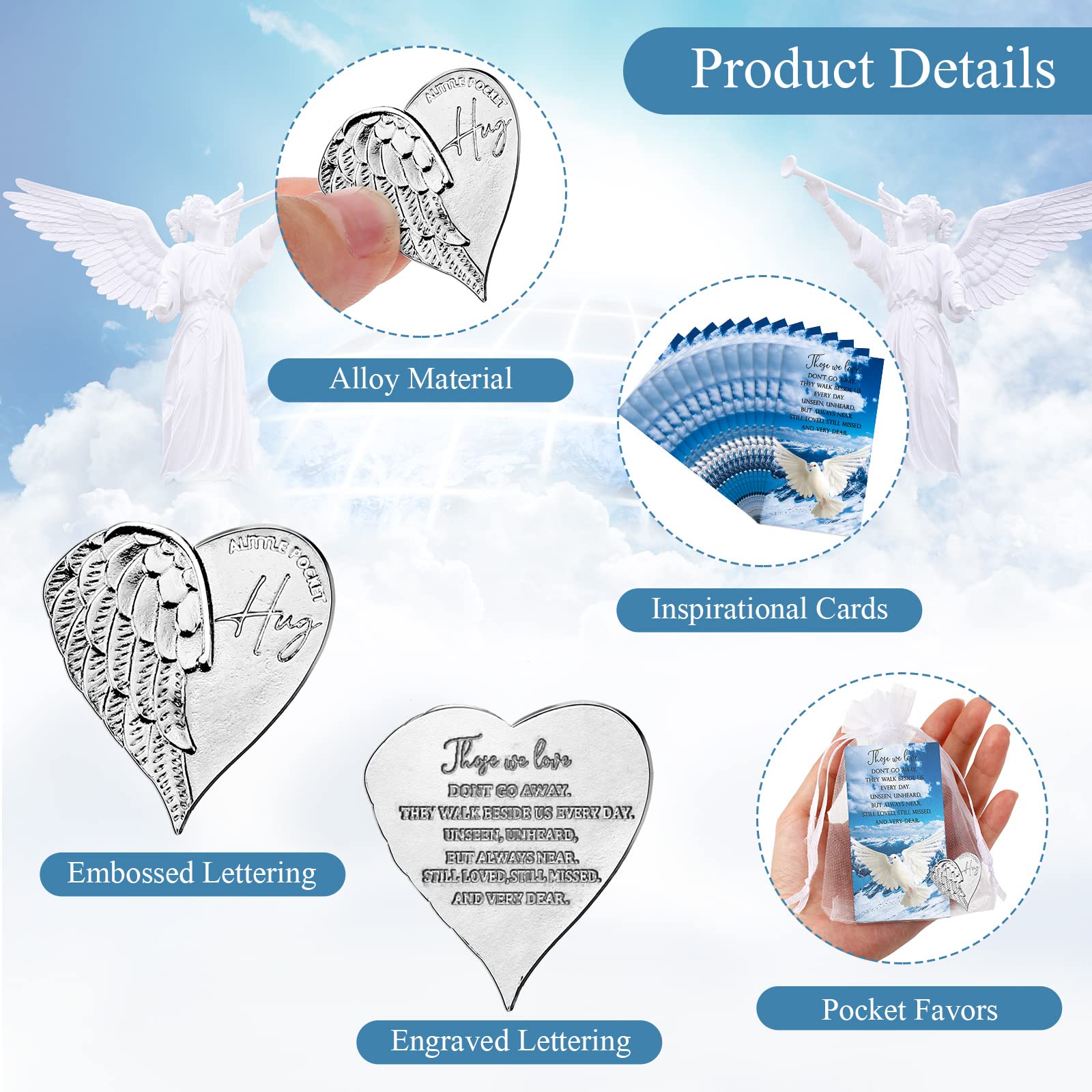 Sureio 30 Pieces Funeral Favors for Celebration of Life Heart Pocket Hug Token with Funeral Prayer Cards and Organza Bags As a K