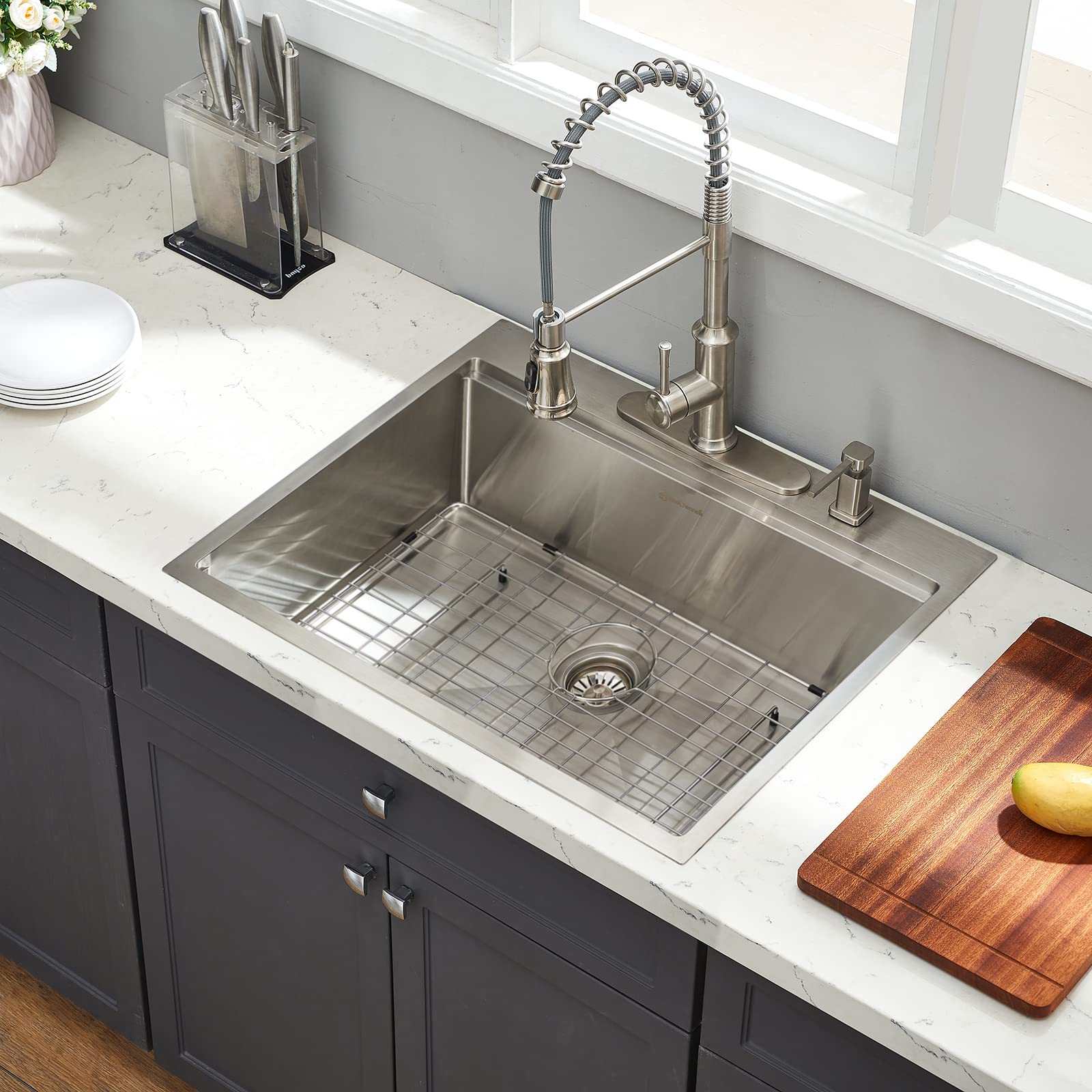 Ecochannels Kitchen Sink, 25 X 22 Inch Drop In Kitchen Sink Stainless Steel Topmount Kitchen Sink Workstation Sink Single Bowl