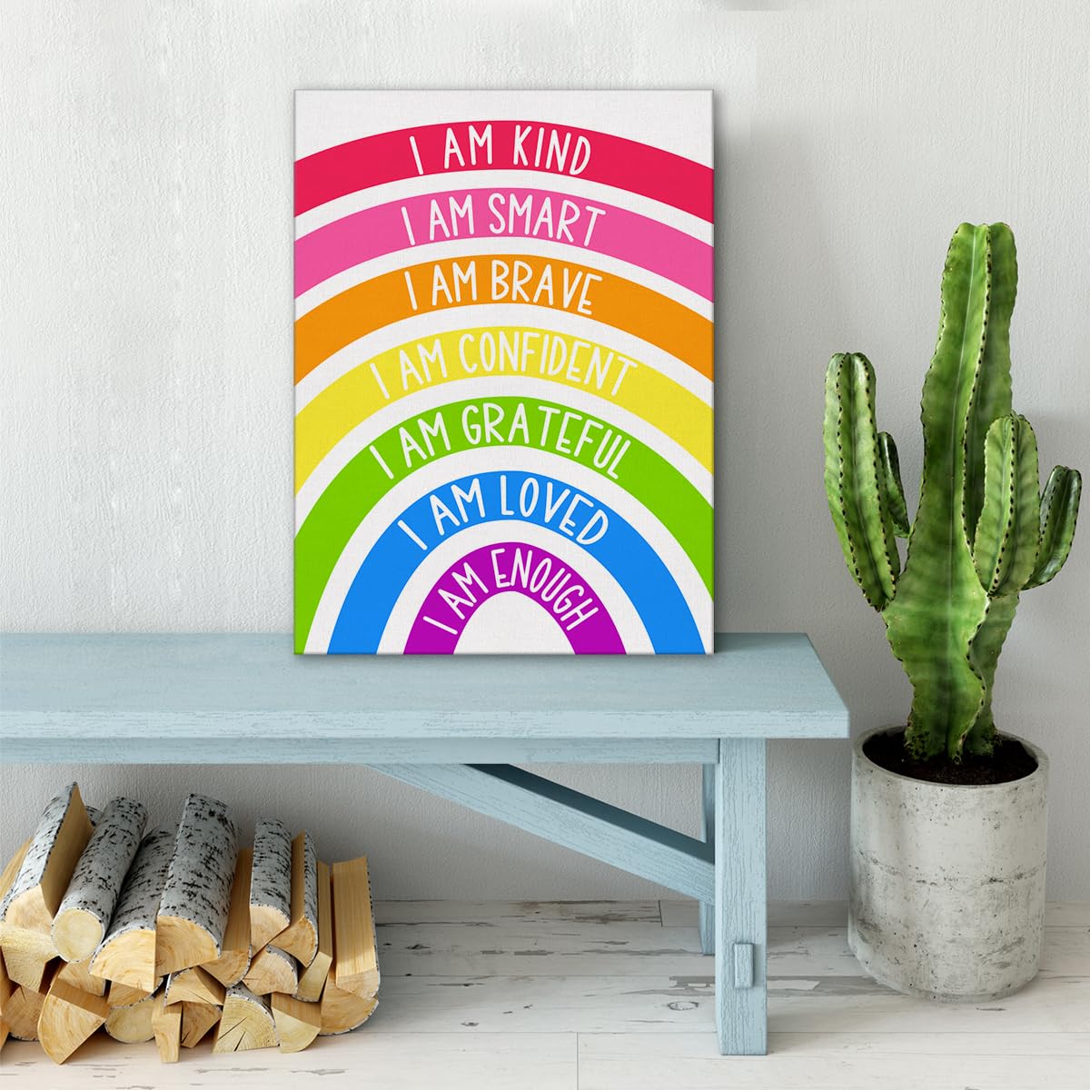 Rainbow Kids Affirmations Wall Art Canvas Painting Print Framed I Am Kind Smart Loved Artwork Canvas Sign for Nursery Decor (12x