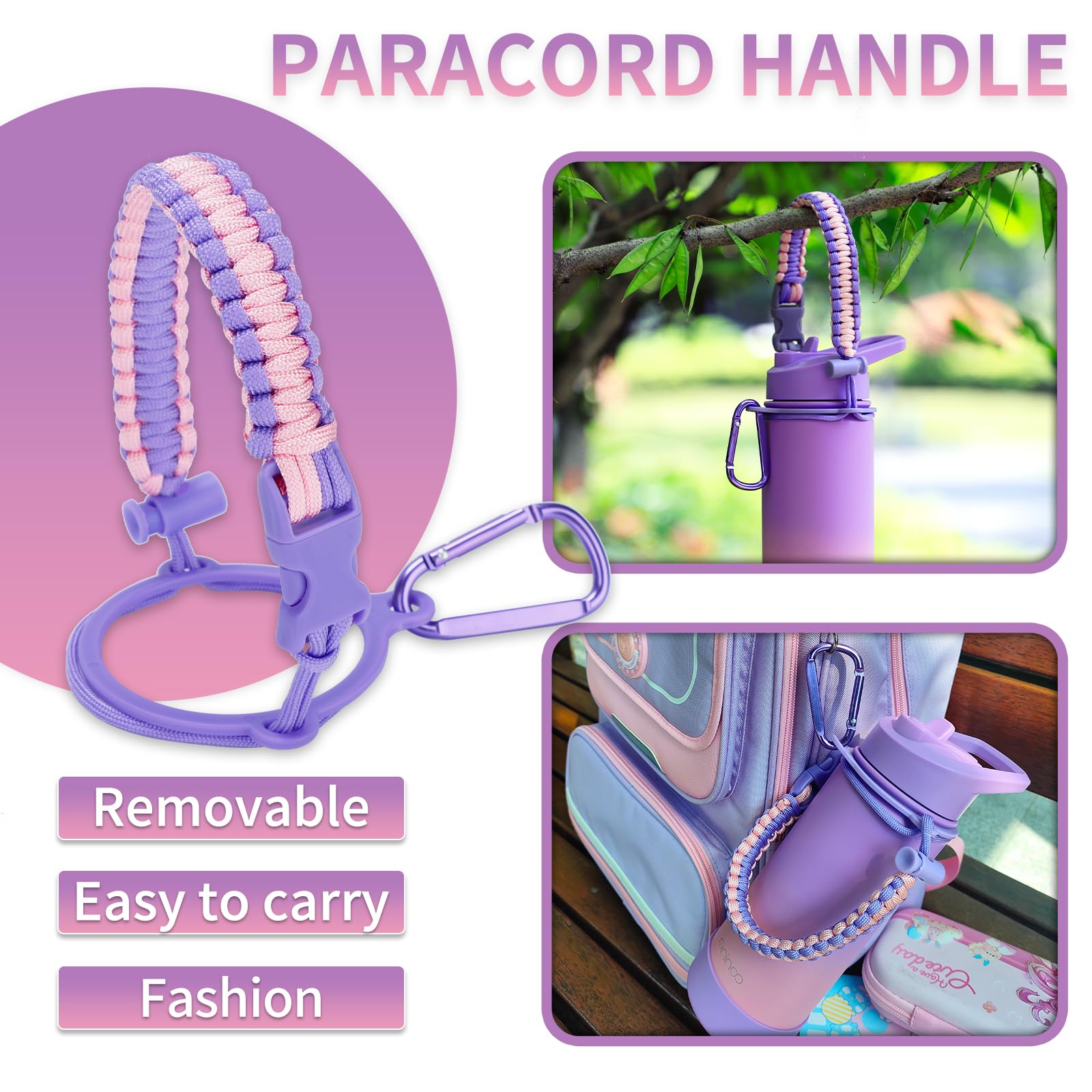 Mininoo Insulated Kids Water Bottle, 16Oz Stainless Steel Water Bottle Kids With Paracord Handle For Girls, Boys(Purple/Pink)