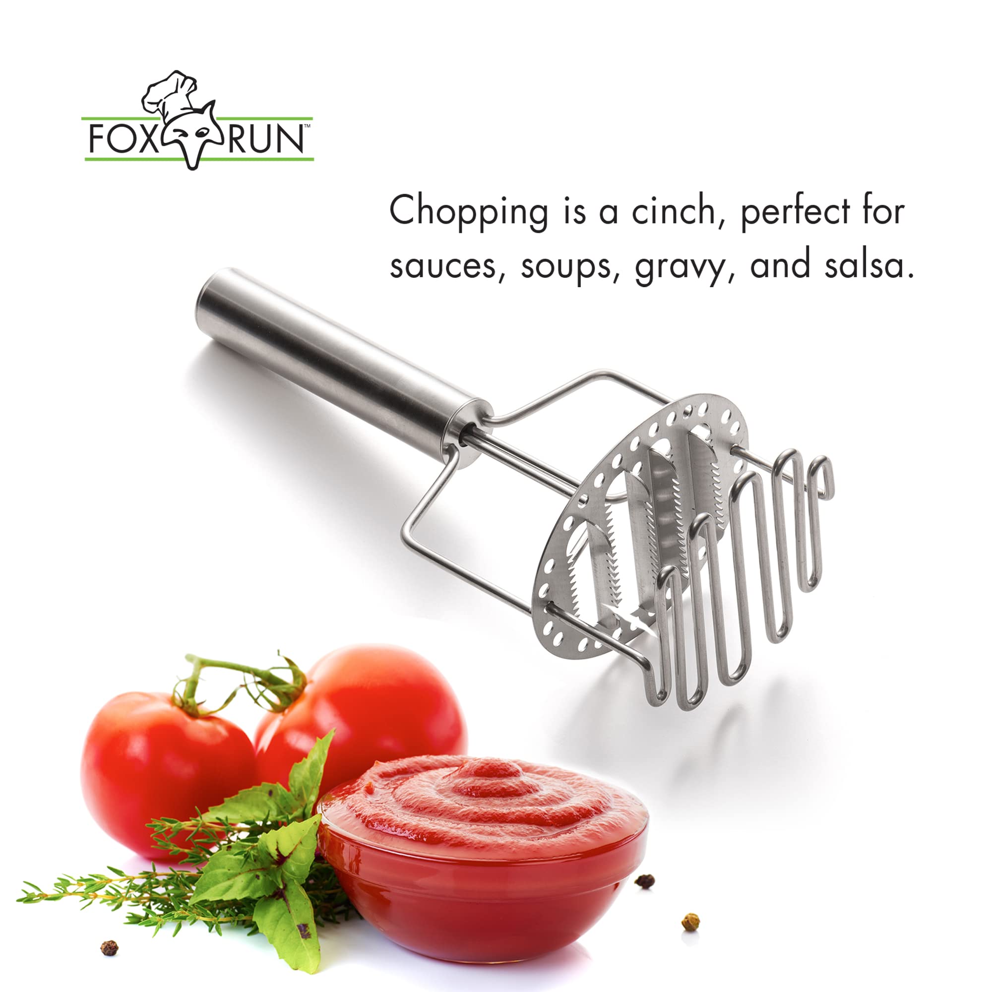 Fox Run Stainless Steel Potato Masher, 3 Level Tomato And Potato Masher, 9.25''
