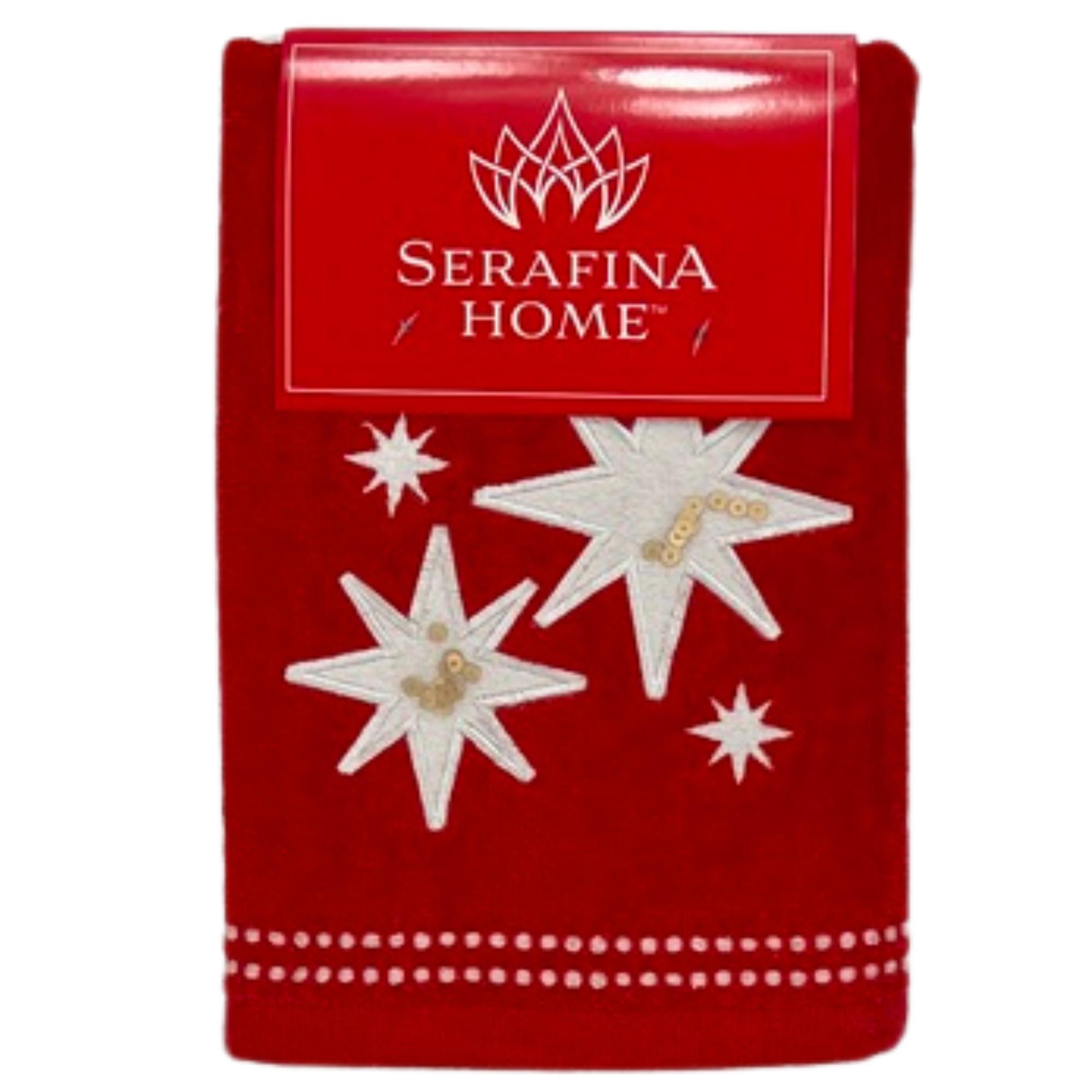 Christmas Bath Hand Towels, Stars With Sequins, Cotton, Red, 16'' X 25'', Set Of 2