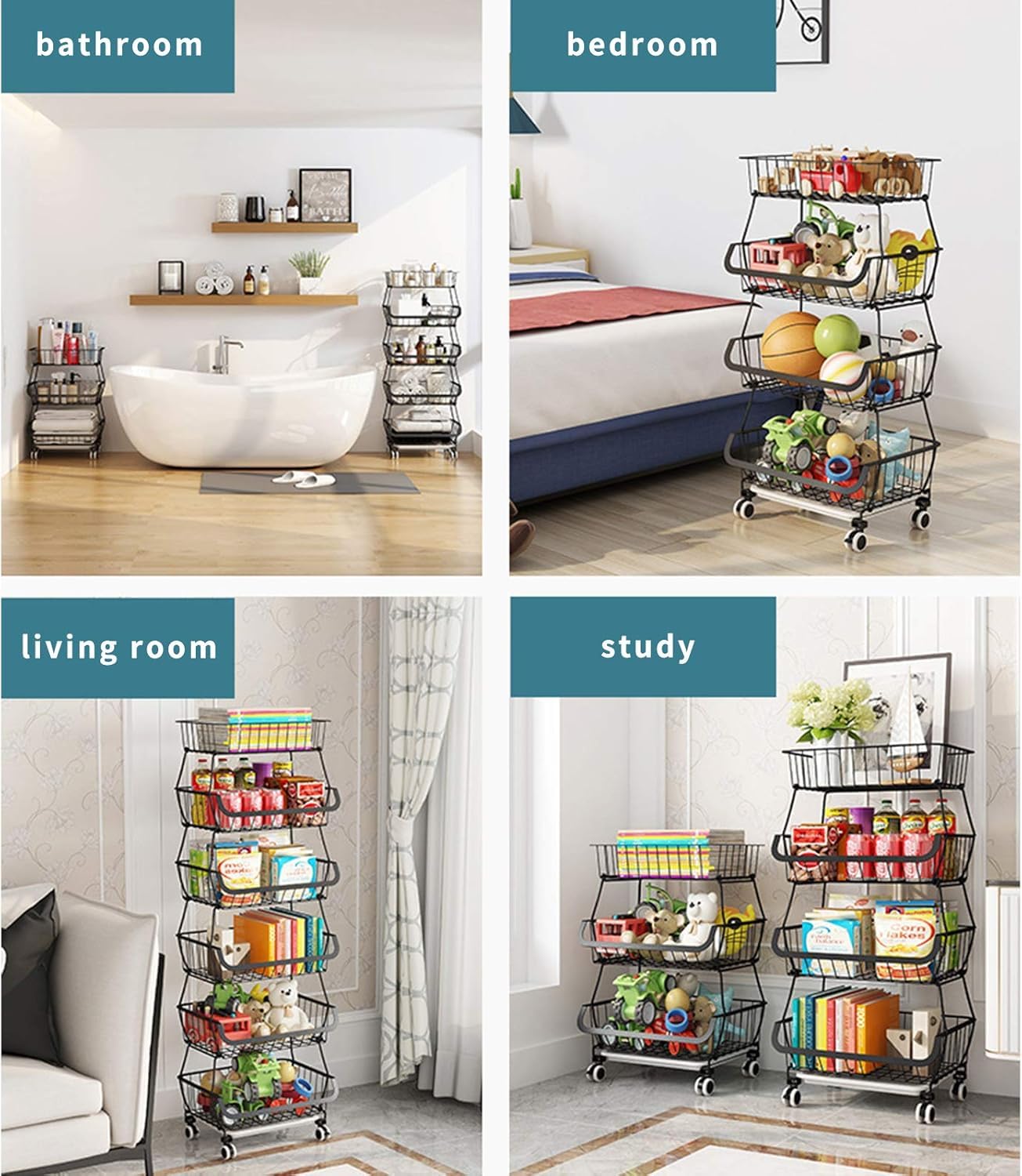 Carolyndesign Kitchen Storage Baskets Black Iron Wire Storage Bins With Wheels And Feet, Stackable Vegetable Storage Baskets (6-