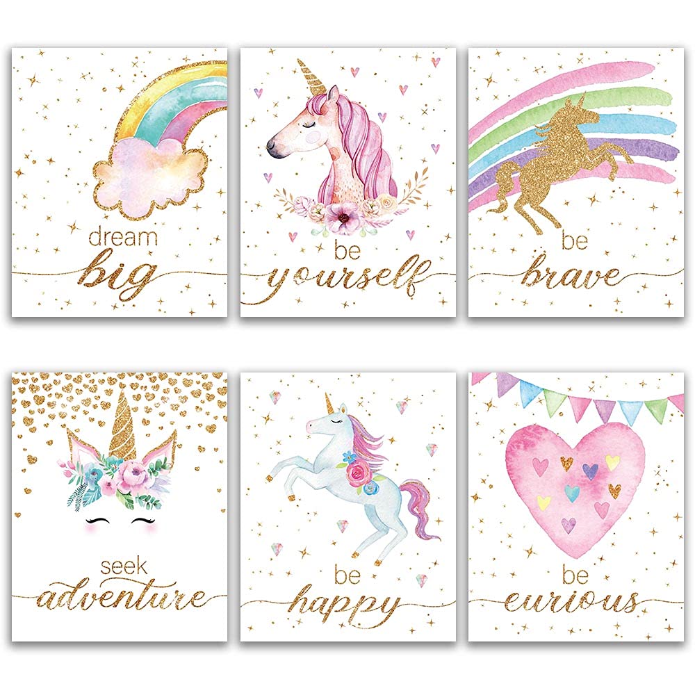 Faljiok Inspirational Unicorn Watercolor Art Prints Poster Set Of 6 (8X10) Unicorn Wall Decor, Kids Room Decor For Girls, Girls