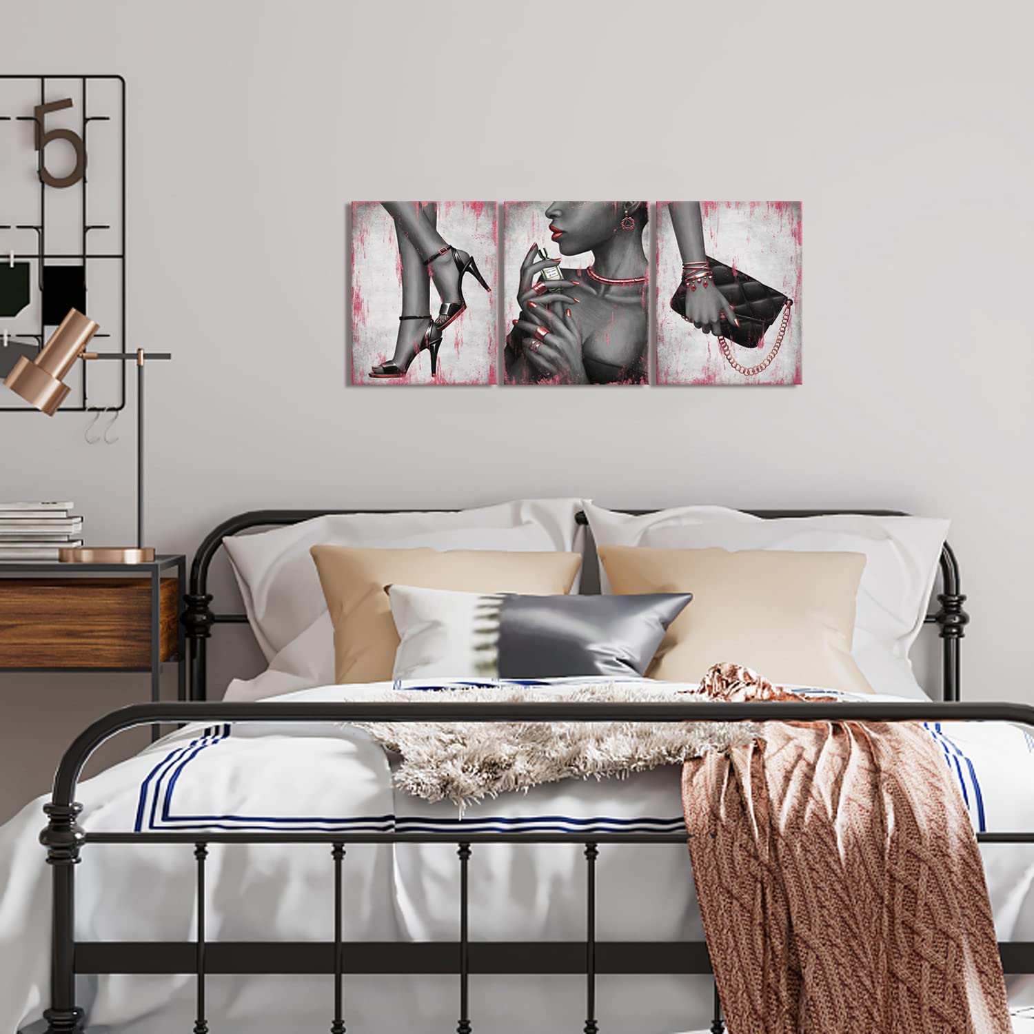 Visual Art Decor Fashion Elegant African American Black Woman Canvas Wall Art Gold Rose Pink High Heel Shoes Necklace Perfume Ha