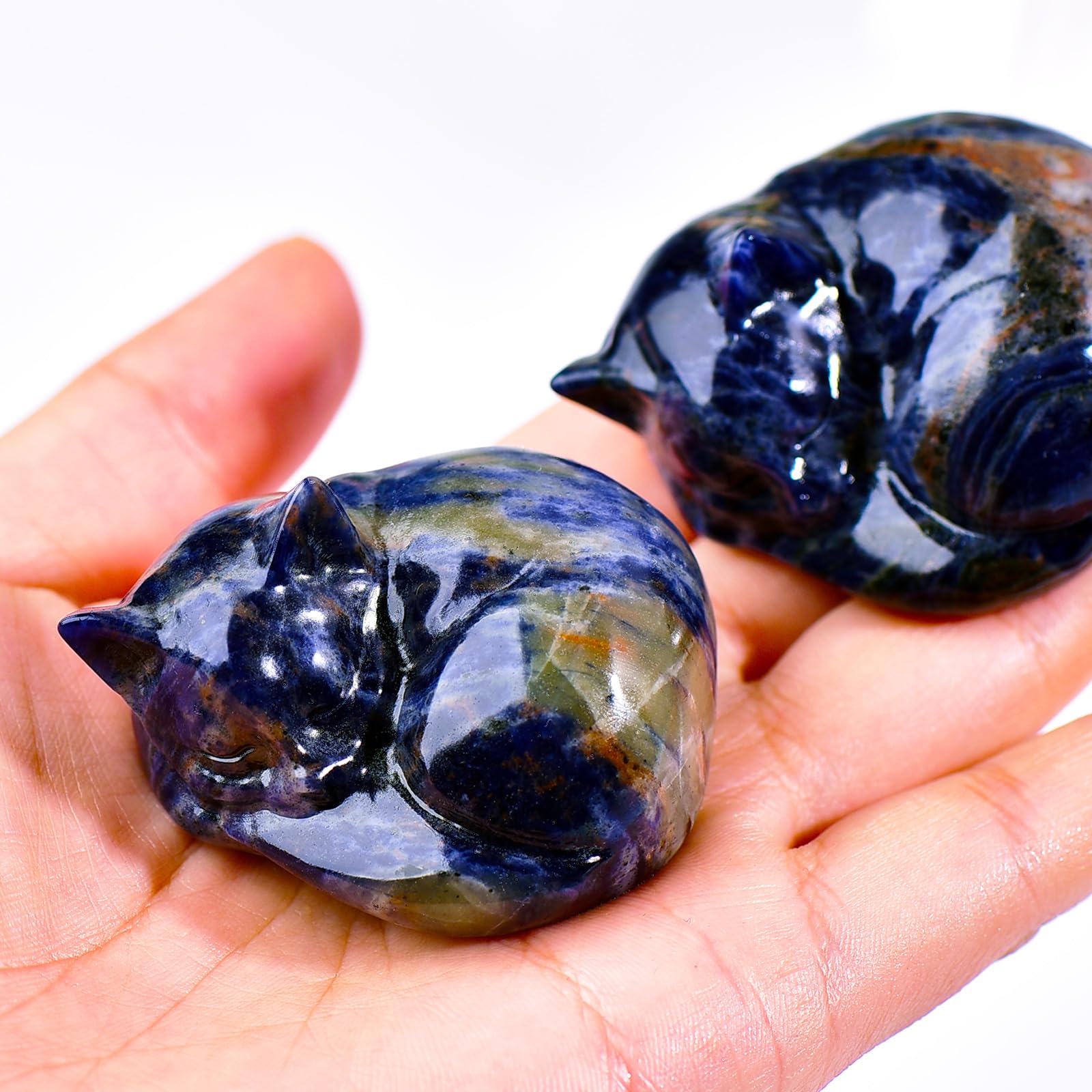 Ytbeoxk 2 Inch Blue Sodalite Cat Crystal Statue, Healing Crystal Cat Decorations,Polished Hand Carved Obsidian Lucky Cute Kitten