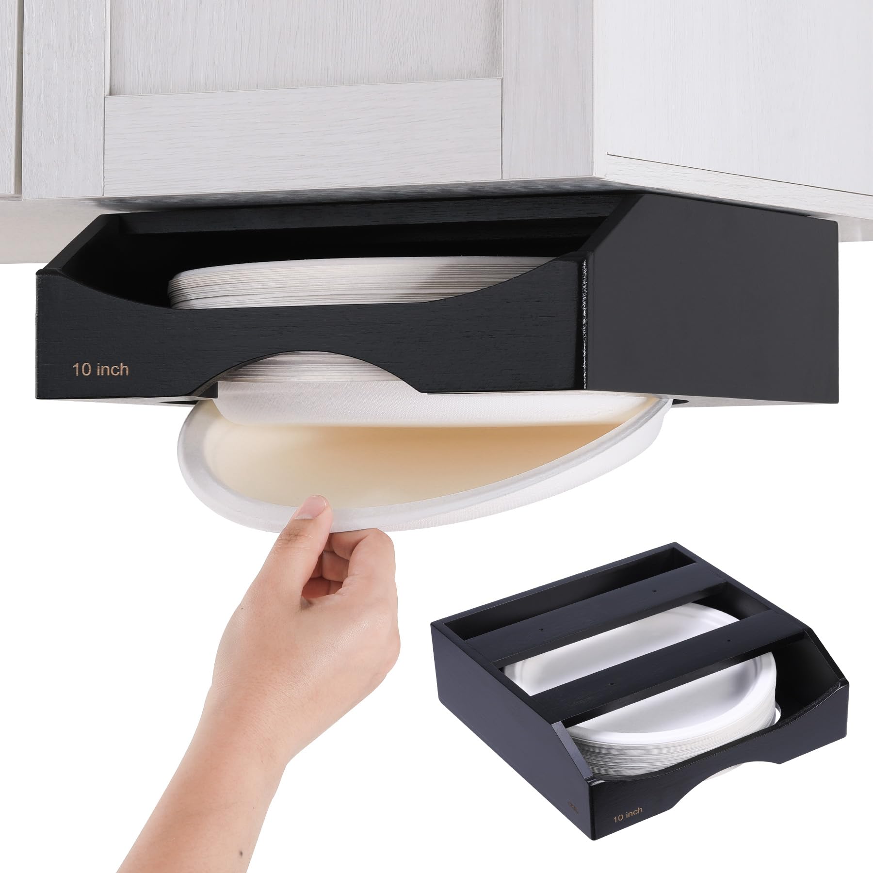 CKIU 10-inch Paper Plate Dispenser Under Cabinet,Bamboo Paper Plate Holders,Kitchen Counter Vertical Plate Dispensers Holders Co