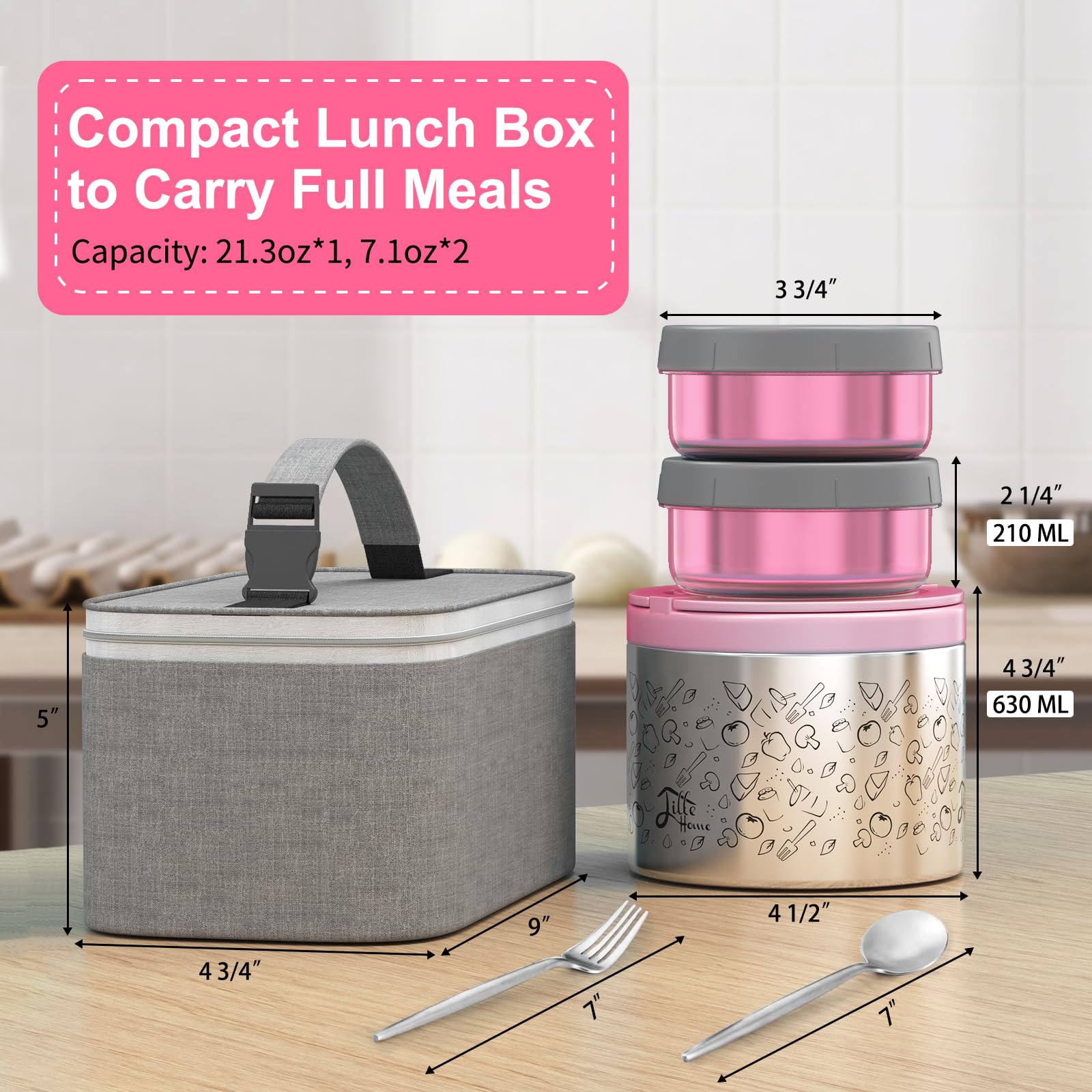 Lille Home Vacuum Insulated Lunch Box Set for Men & Women - Leak-Proof Bento Box  Meal Prep & Food Storage Containers  Lunch Bag  Portable Silverware Set (Pink)