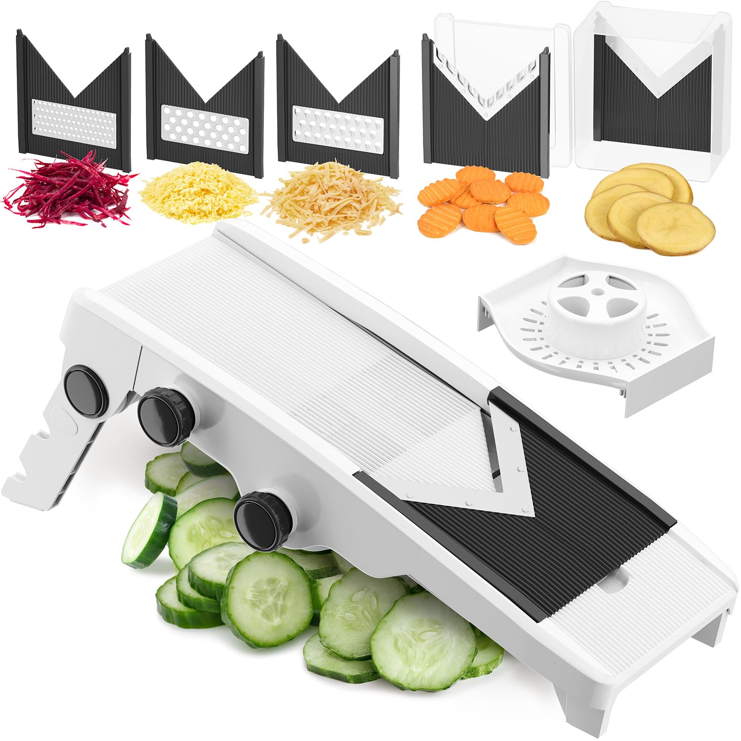 Muellerliving Mandoline Slicer For Kitchen, Adjustable Vegetable Chopper, Fruit, Cheese Grater, Potato Chips Slicer - White