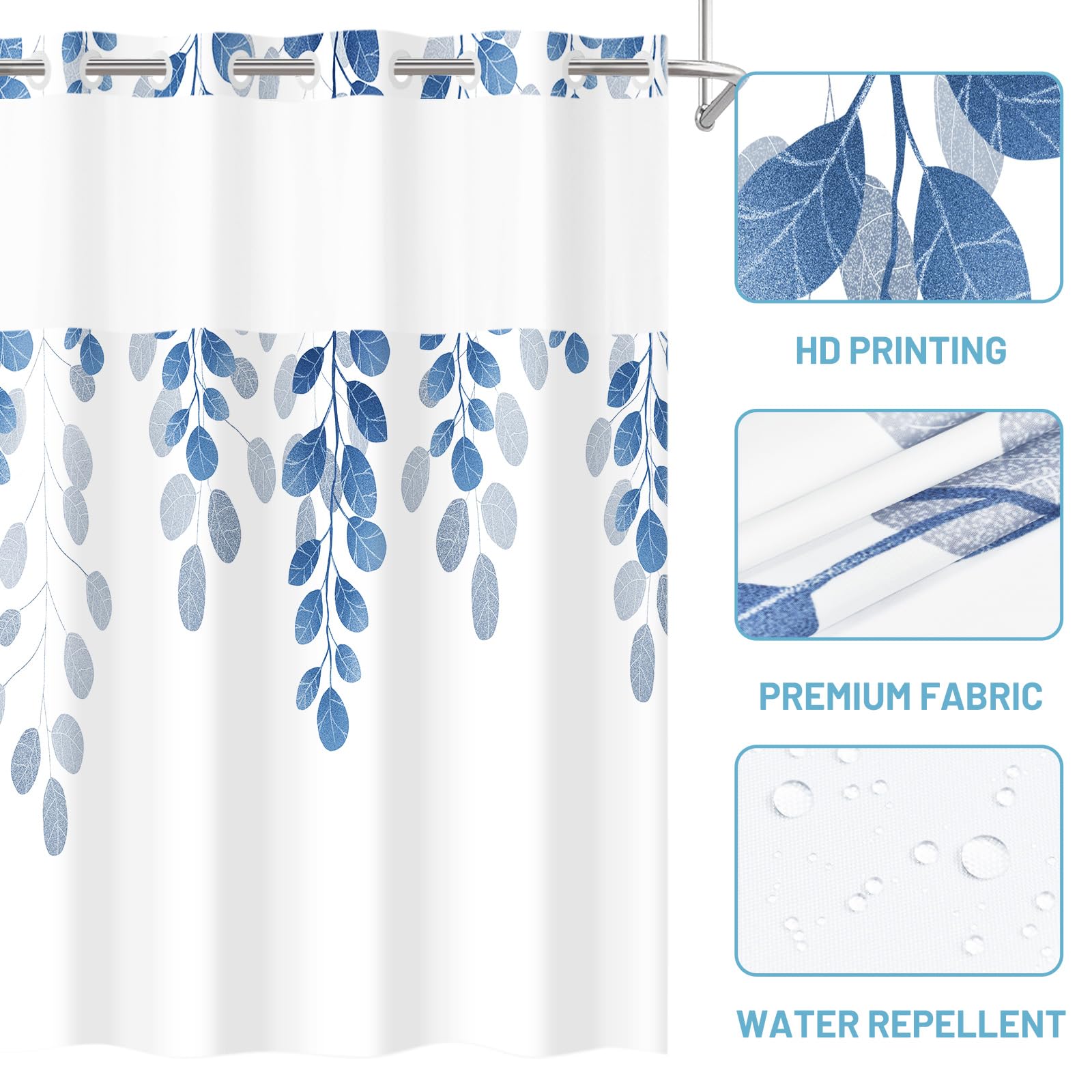 Withloc No Hook Shower Curtain With Snap In Liner - Eucalyptus Shower Curtain - Fabric Waterproof Inner Liner, Plants Blue Leave