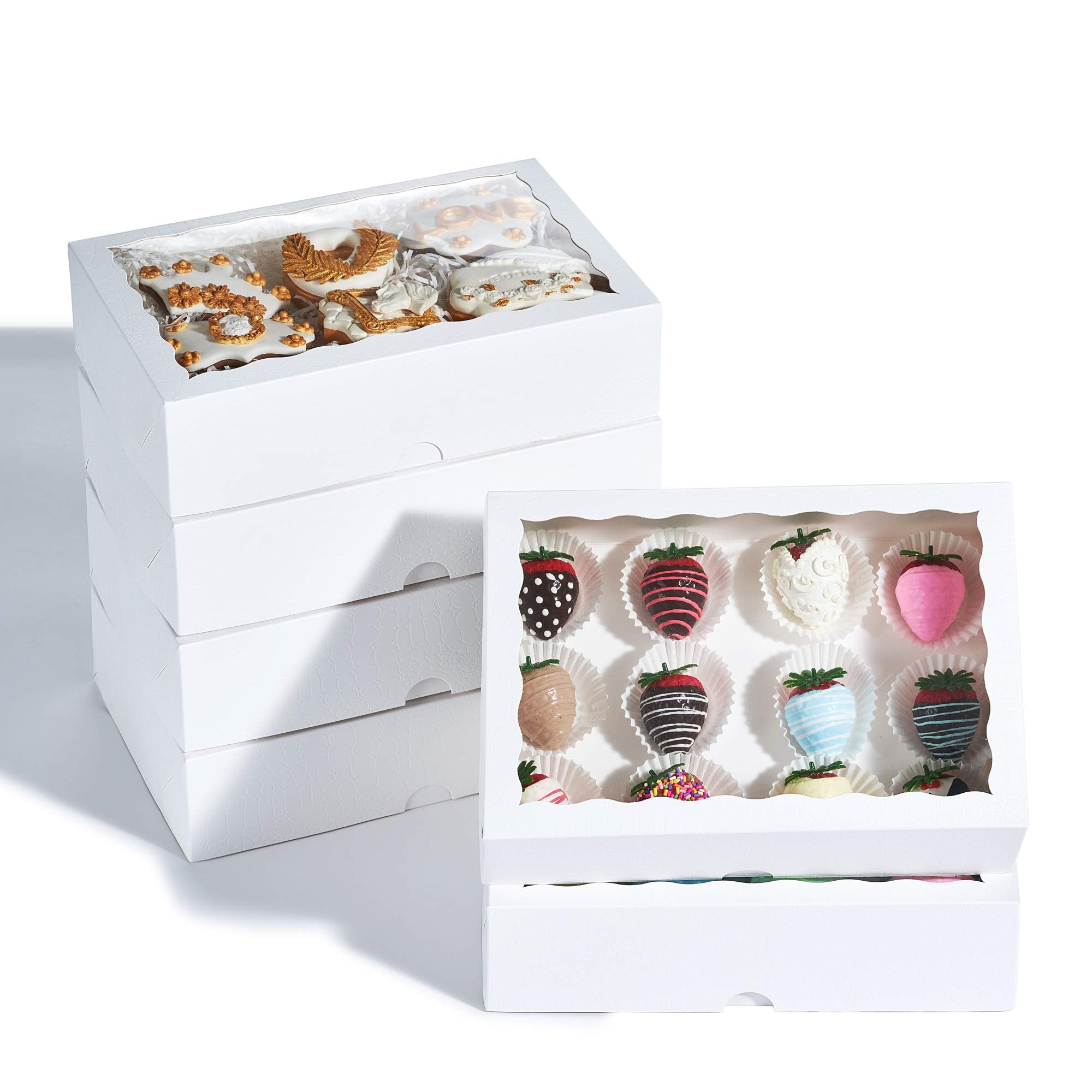 Jcxpack 12Pcs 10 X 7 X 2.5 Inches Premium Fancy White Strawberry Boxes, Cookie Boxes, Elegant White Bakery Box With Display Wind