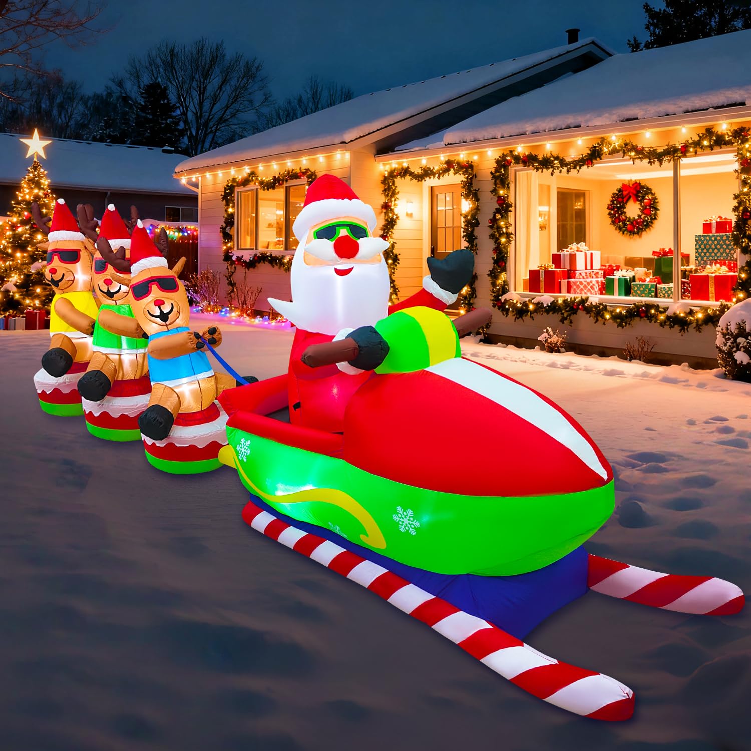 EAONE 12FT Christmas Inflatables Outdoor Decorations, Giant Blow ups Yard Decoration Inflatable Santa Claus Drive Sleight with 3