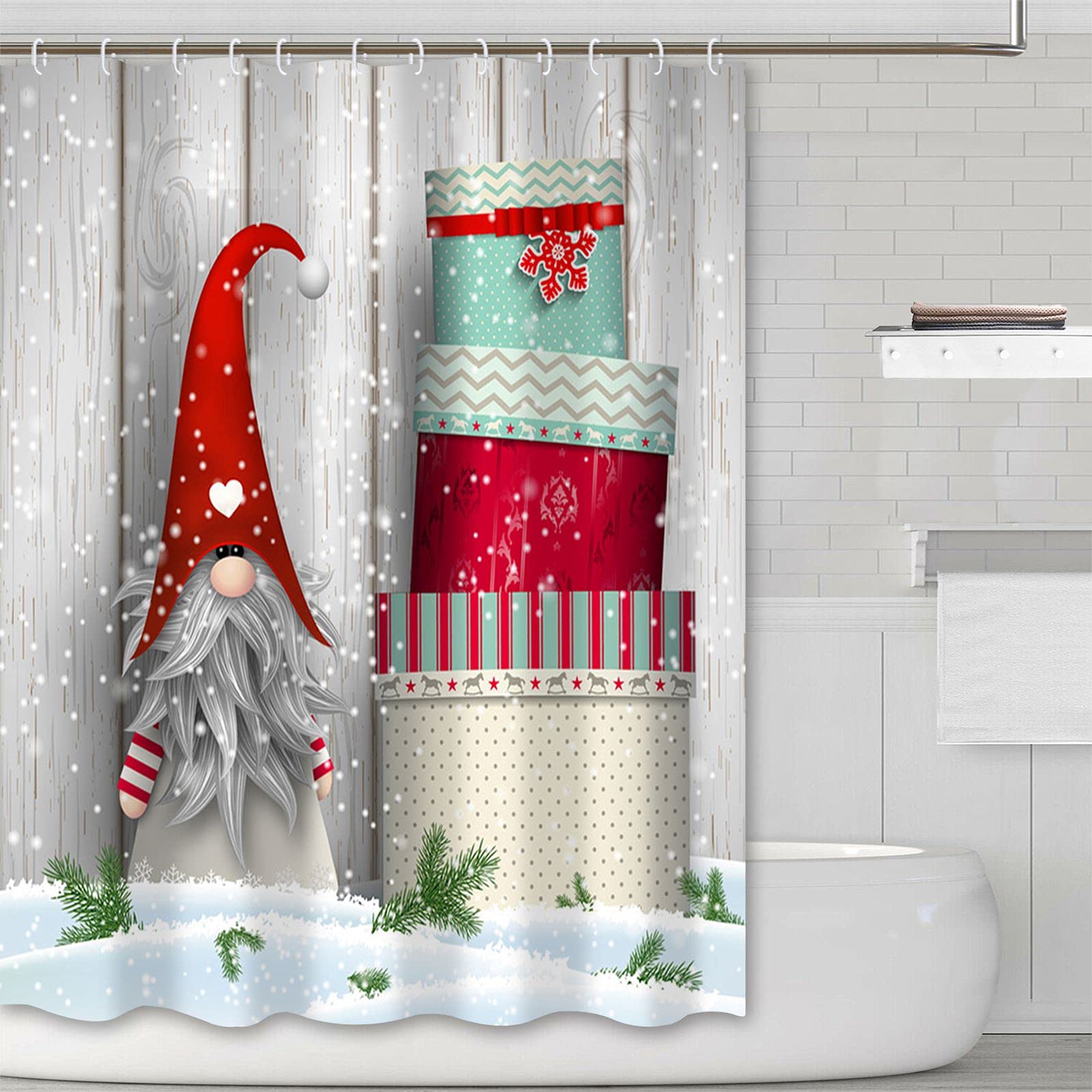 Gnome Shower Curtains For Bathroom, Cute Christmas Gnome Let It Snow Fabric Shower Curtain, Winter Xmas Holiday Bathroom Curtain
