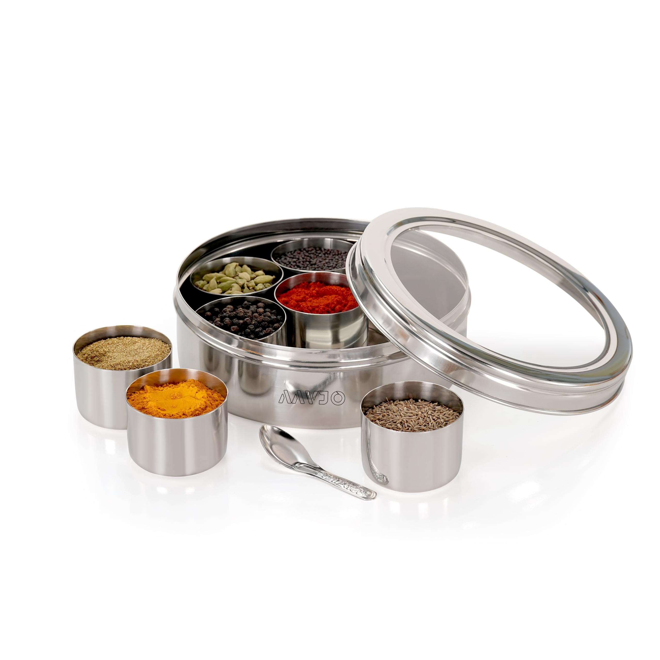 Aavjo Stainless Steel Round Masala Dabba Spice Storage Box With See Through Lid | 7 Containers Spoon Set | Medium Size 1.5 Ltr |