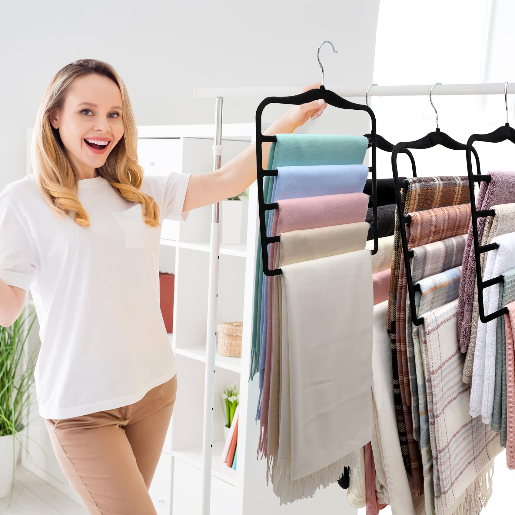 Closet Organizers and Storage 3 Pack Velvet Pants-Hangers-Space-Saving Non Silp 5 Tier Scarf Jeans Organizer Dorm Room Essentials for College Students Girls Boys Guys Organization and Storage