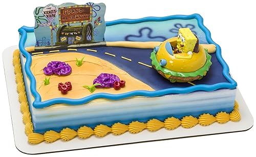Decoseta Spongebob Square Pants Krabby Patty Cake Topper, 2-Piece Birthday Party Set With Rolling Car Figure For Fun After The P