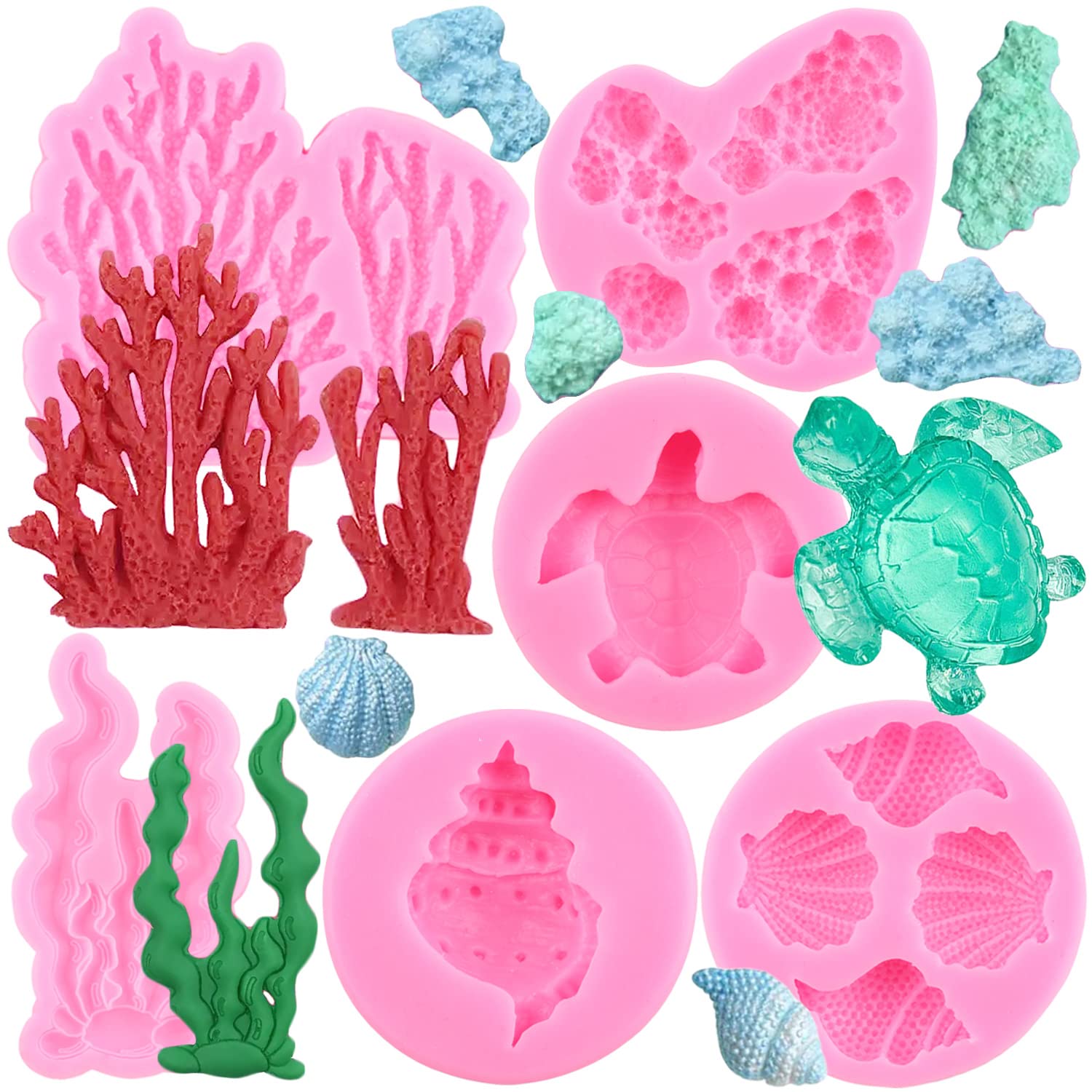 Zixiang Marine Theme Fondant Molds Sea Turtle Seashell Conch Seaweed Coral Silicone Molds For Cake Decorating Cupcake Topper Cho
