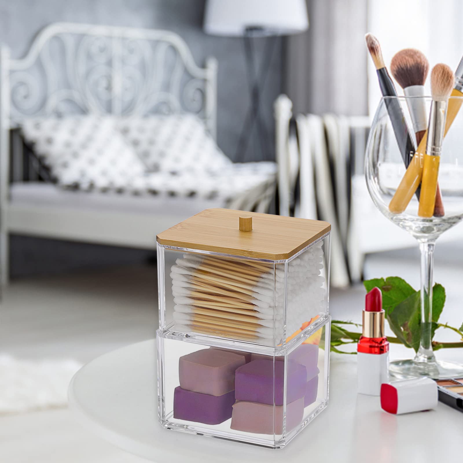 Hipiwe Clear Q-Tip Dispenser Holder Acrylic Bathroom Containers 2-Tier Square Apothecary Jar With Lid Canister Cotton Swab And B