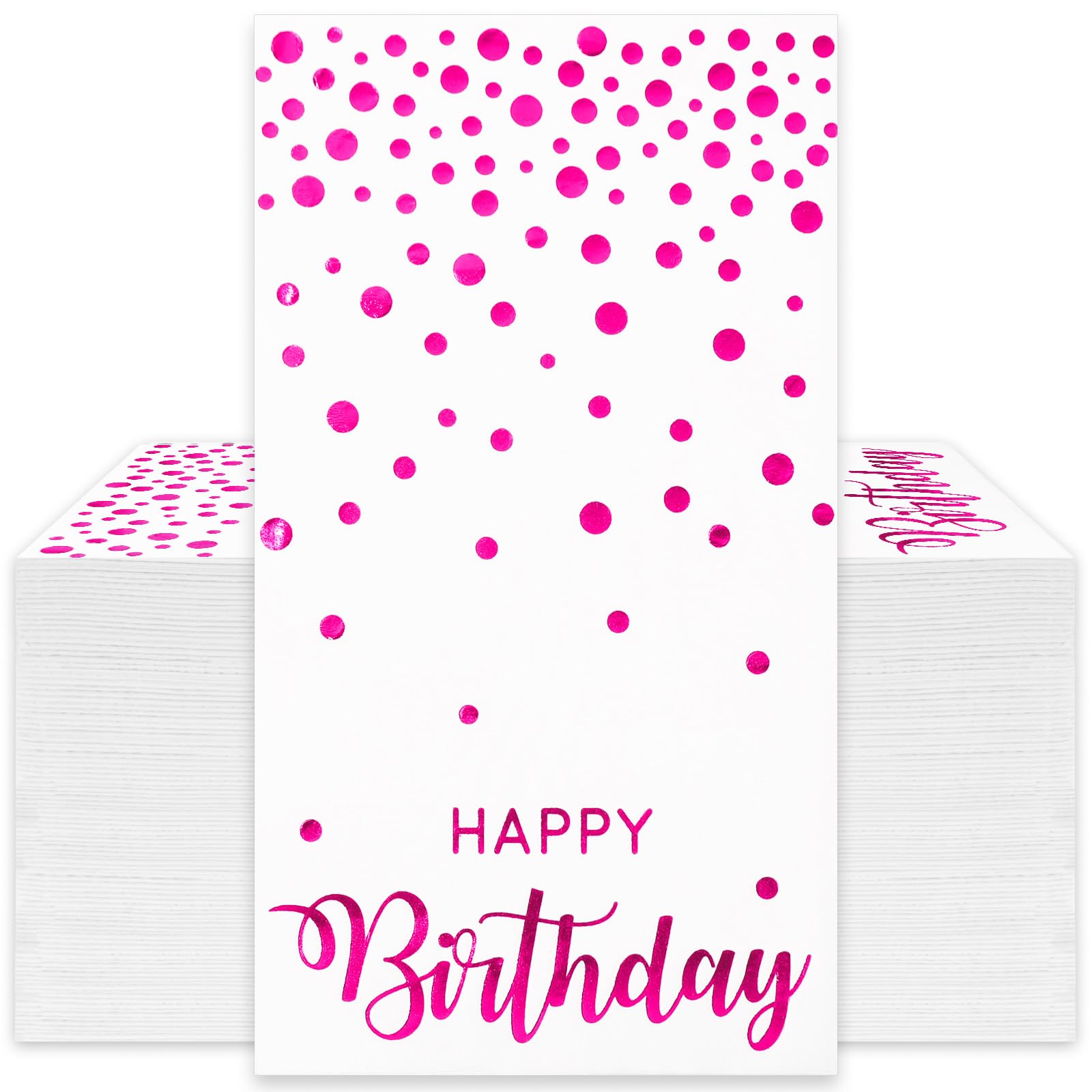Jarthenaamcs 50Pcs Happy Birthday Guest Napkins Hot Pink Foil Dots Birthday Disposable Paper Napkins Dinner Hand Napkin For Vale