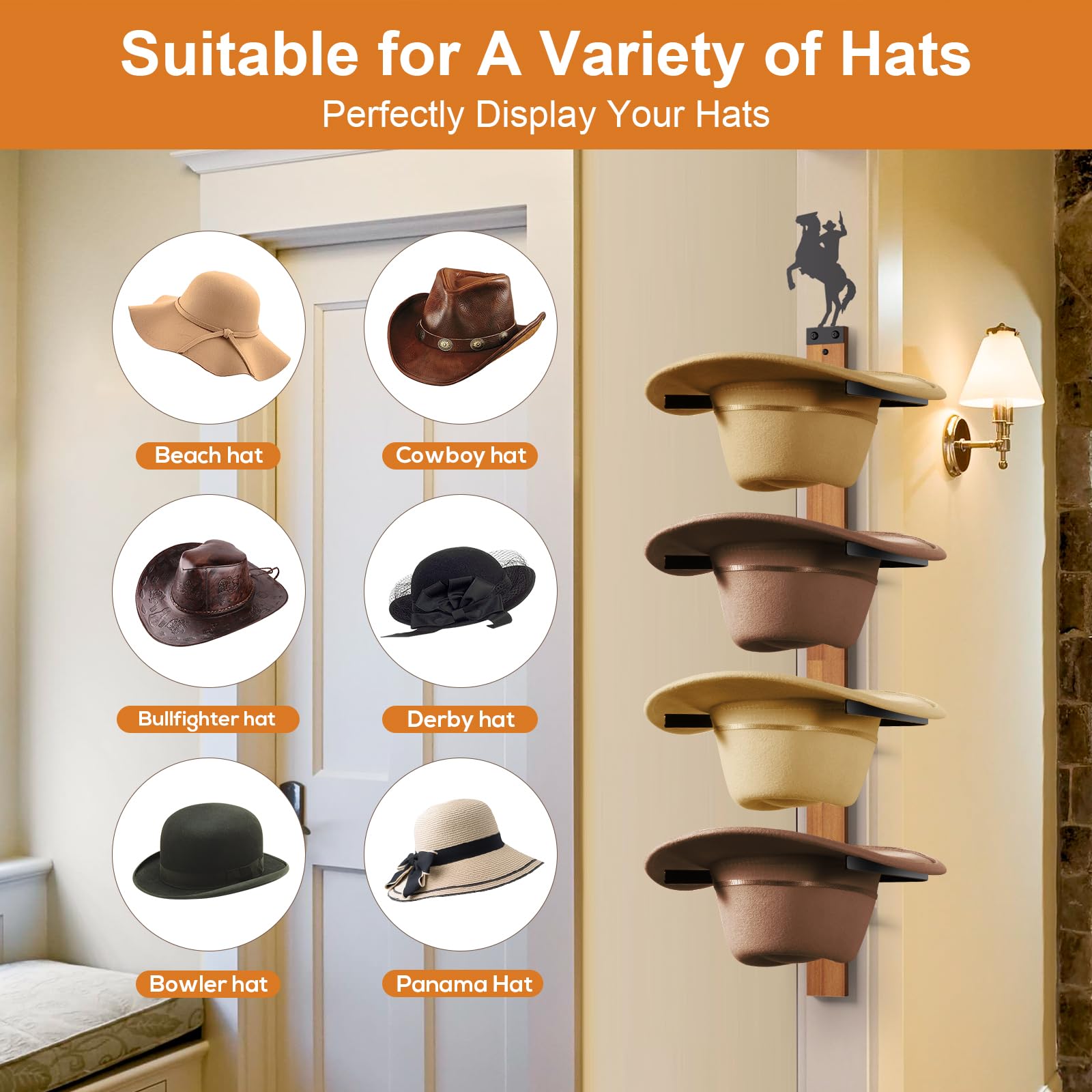 Fluffytree Cowboy Hat Rack, 4 Pieces Hat Rack For Cowboy With Wooden Board, Gift Cowboy Hat Holder Wall Storage-Organizer Wester