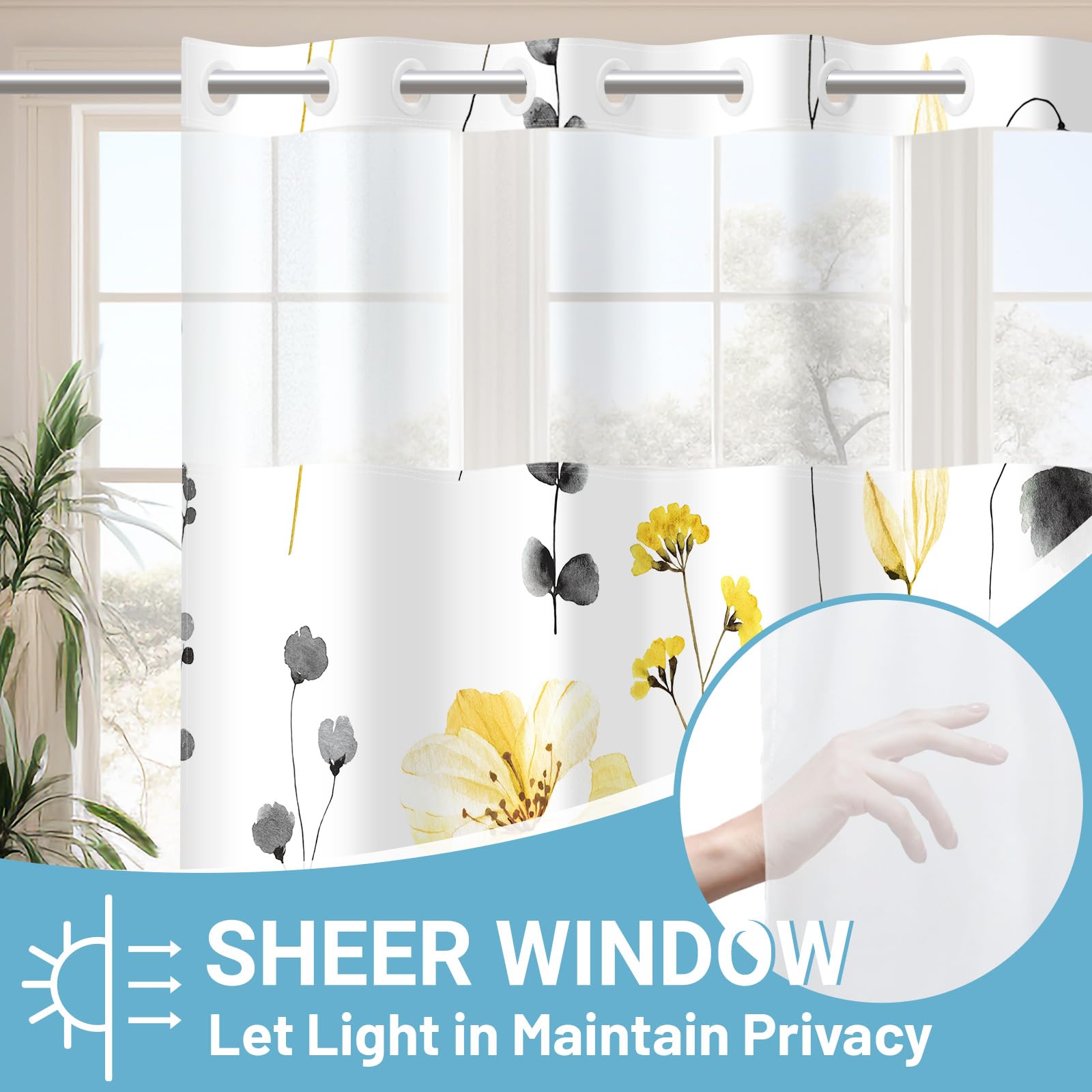 Withloc No Hook Shower Curtain With Snap In Liner - Floral Shower Curtain - Fabric Waterproof Inner Liner, Plants Watercolor Yel