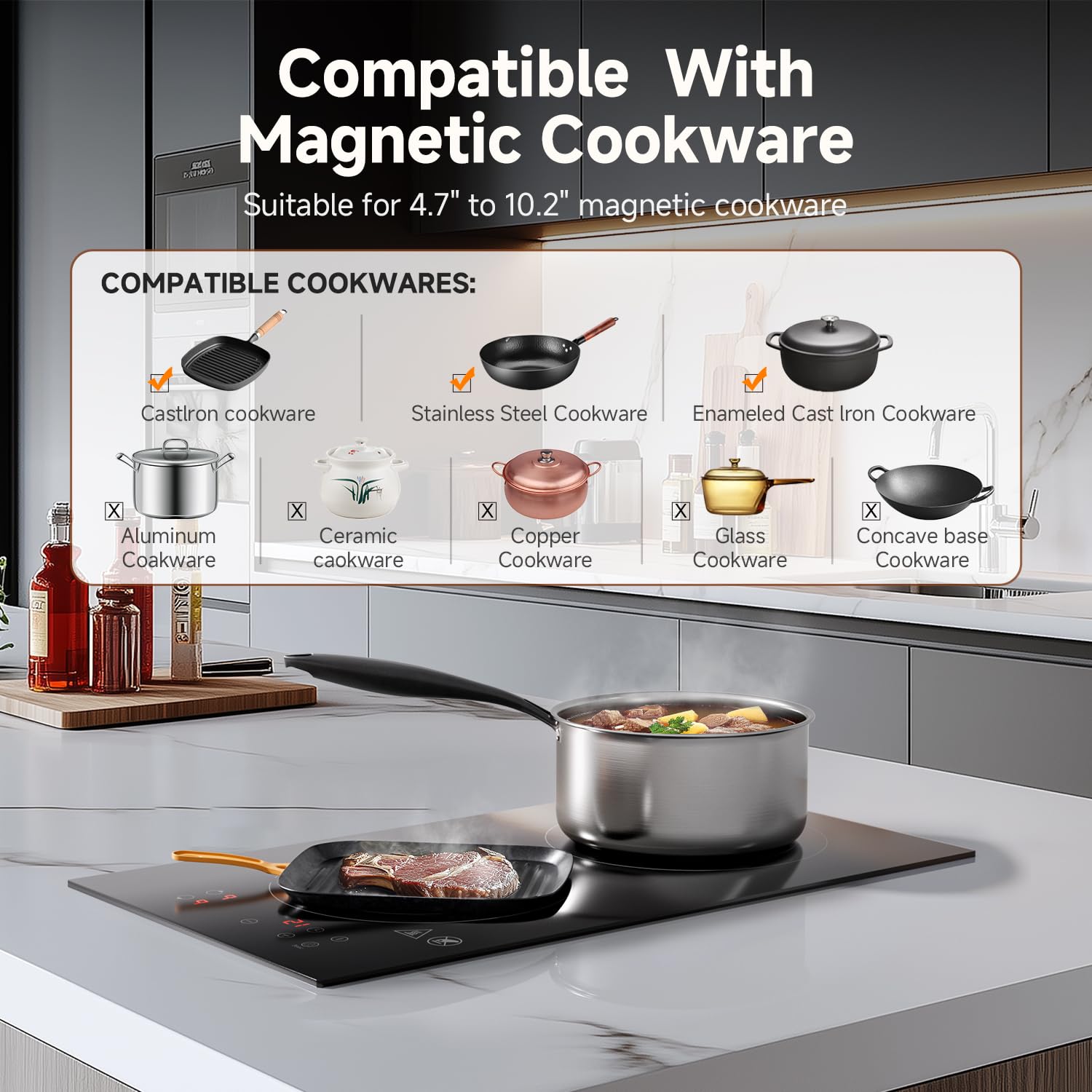 AMZCHEF Electric Induction Cooktop 2 Burners 12'' Electric Stove Top with Plug 1800W  120V  9 Power Levels  Child lock  Timer  Touch Control  Induction Stove for Fast Cooking  Bulit-in&Countertop