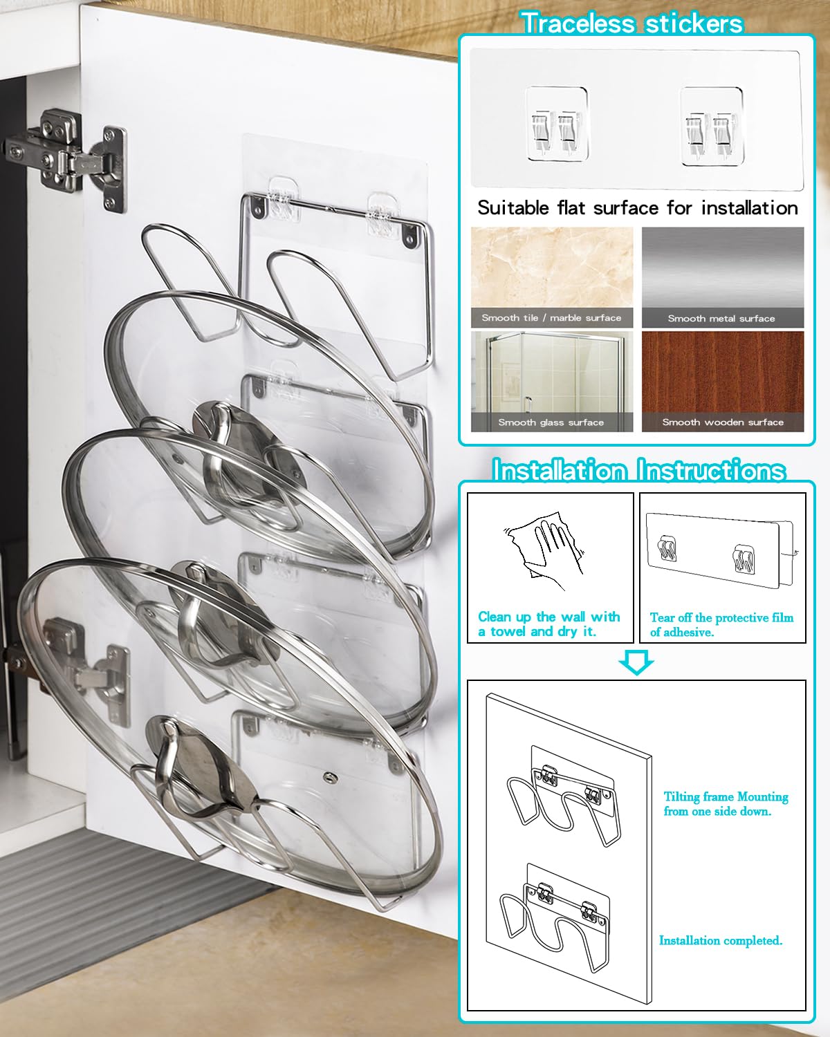 Yqh Cabinet Door Pot Lid Rack, Kitchen Wall Pot Lid Organizer Set Of 4, Lid Holder, 304 Stainless Steel Storage Rack For Pot Lid