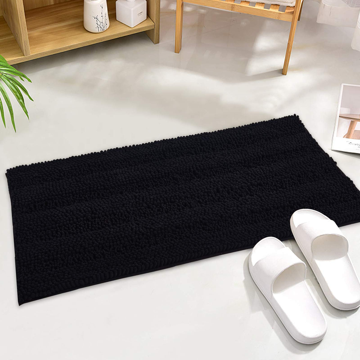 Kgorge Black Bath Mat - Quick Drying Bathroom Rugs Non-Slip Water Absorbent Thick Shaggy Chenile Shower Rug For Toilet Tub Kitch