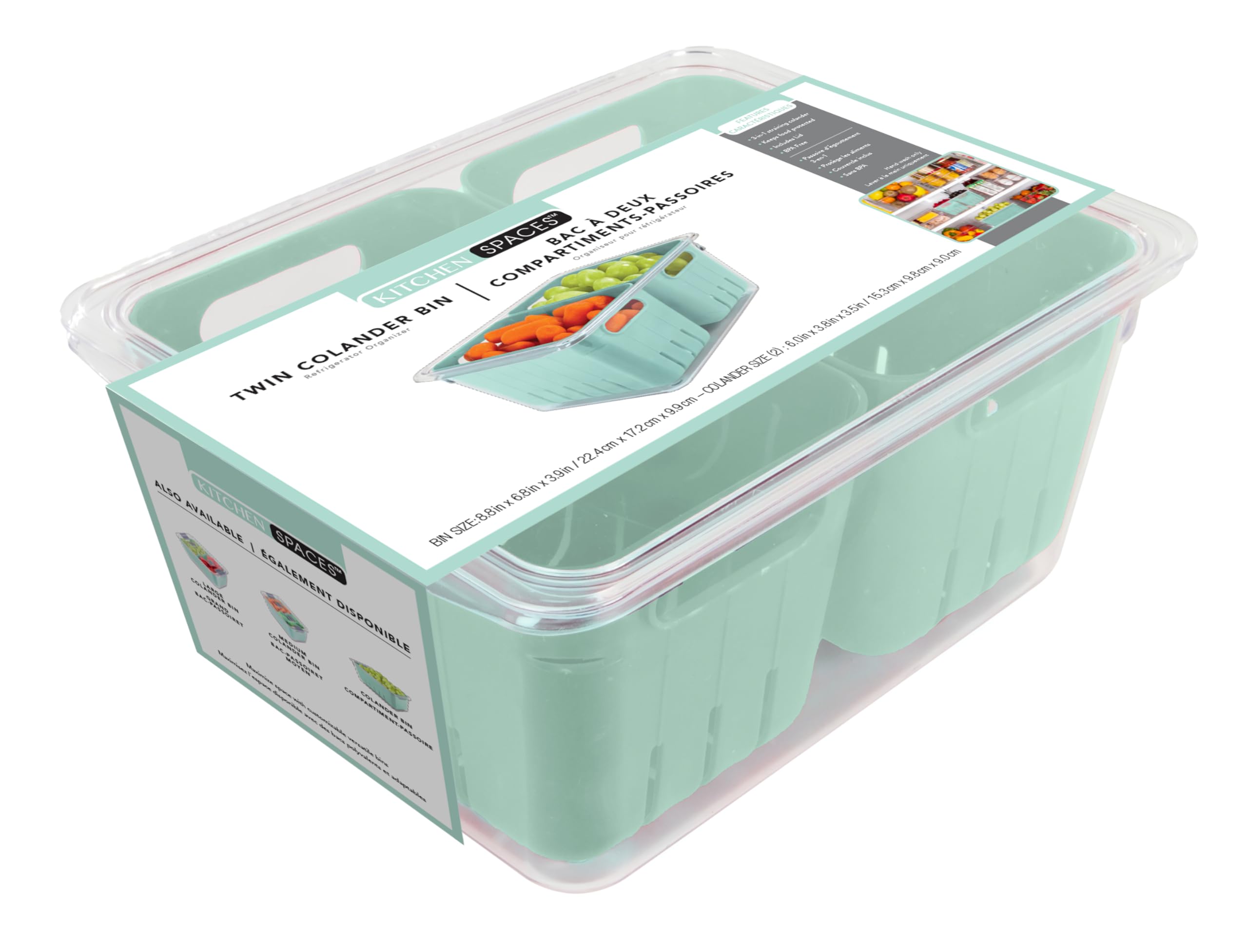 Kitchen Spaces Twin Colander Stackable Food Storage Organizer For Fridge, Freezer, And Pantry, 8.8'' X 6.8'' X 3.9'', Mint