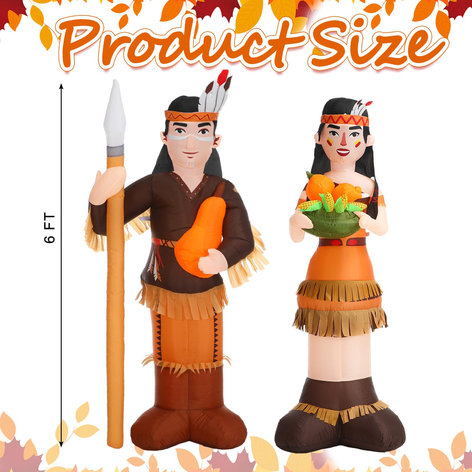 Leyndo 6ft Thanksgiving Harvest Native American Inflatable Outdoor Decorations Indian Man & Woman Combo Blow up Decoration with