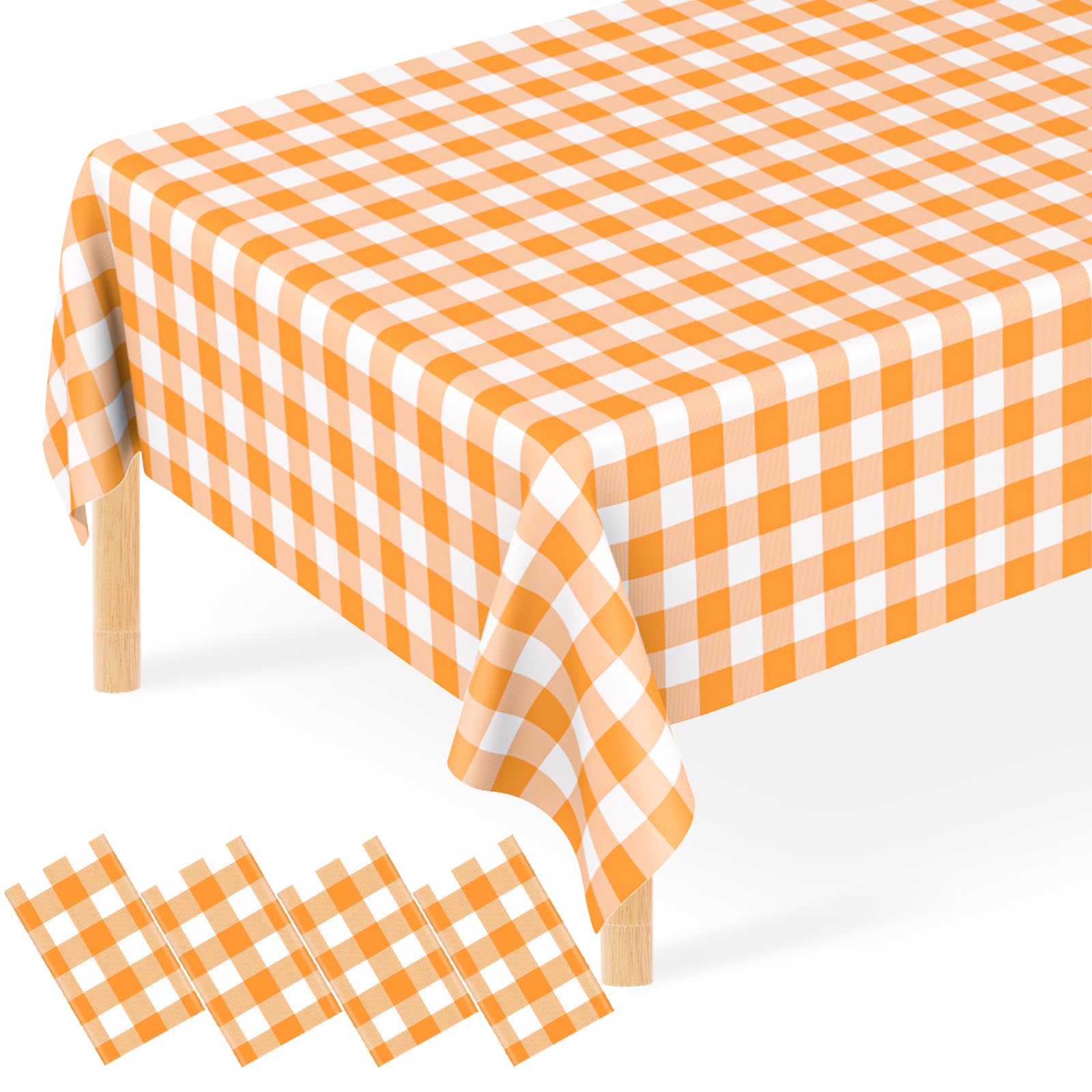 JCTHKUKU 4 Pcs Orange Gingham Tablecloth, 54 x 108 Inch Disposable Plastic Orange and White Checkered Table Covers for Picnic, B