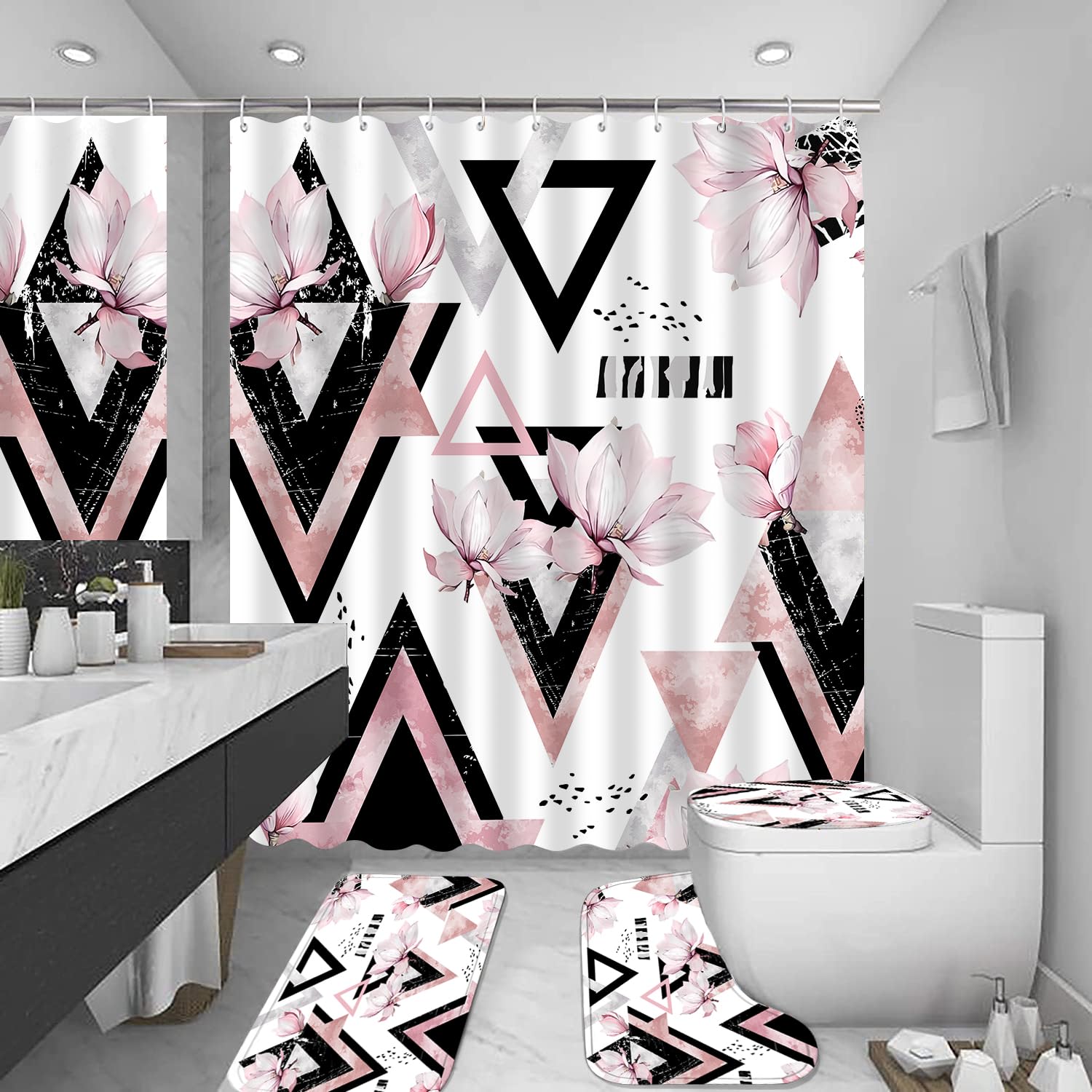 Xswpl Shower Curtain Set With Rugs 4Pcs Pink Bathroom Sets With Shower Curtain And Rugs Modern Geometric Bathroom Sets Waterproo
