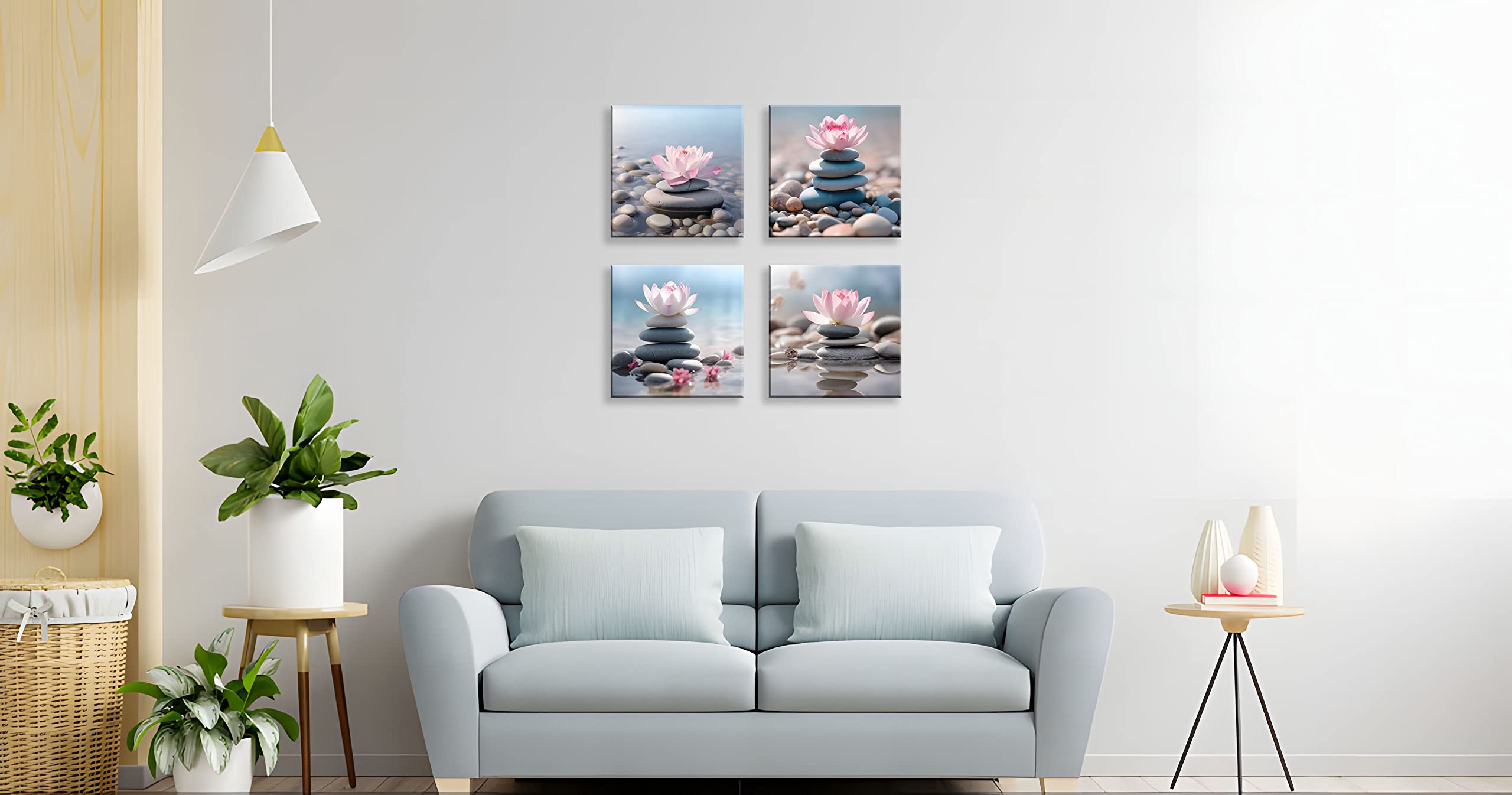 NAN Wind 4PCS Mordern Zen High-Definition Canvas Print Pink Lotus Stacked Zen Stones Spa Wall Art Easy-to-Hang Wall Art for Serene Home Deco Meditation Rooms Yoga Studios and Zen Enthusiasts