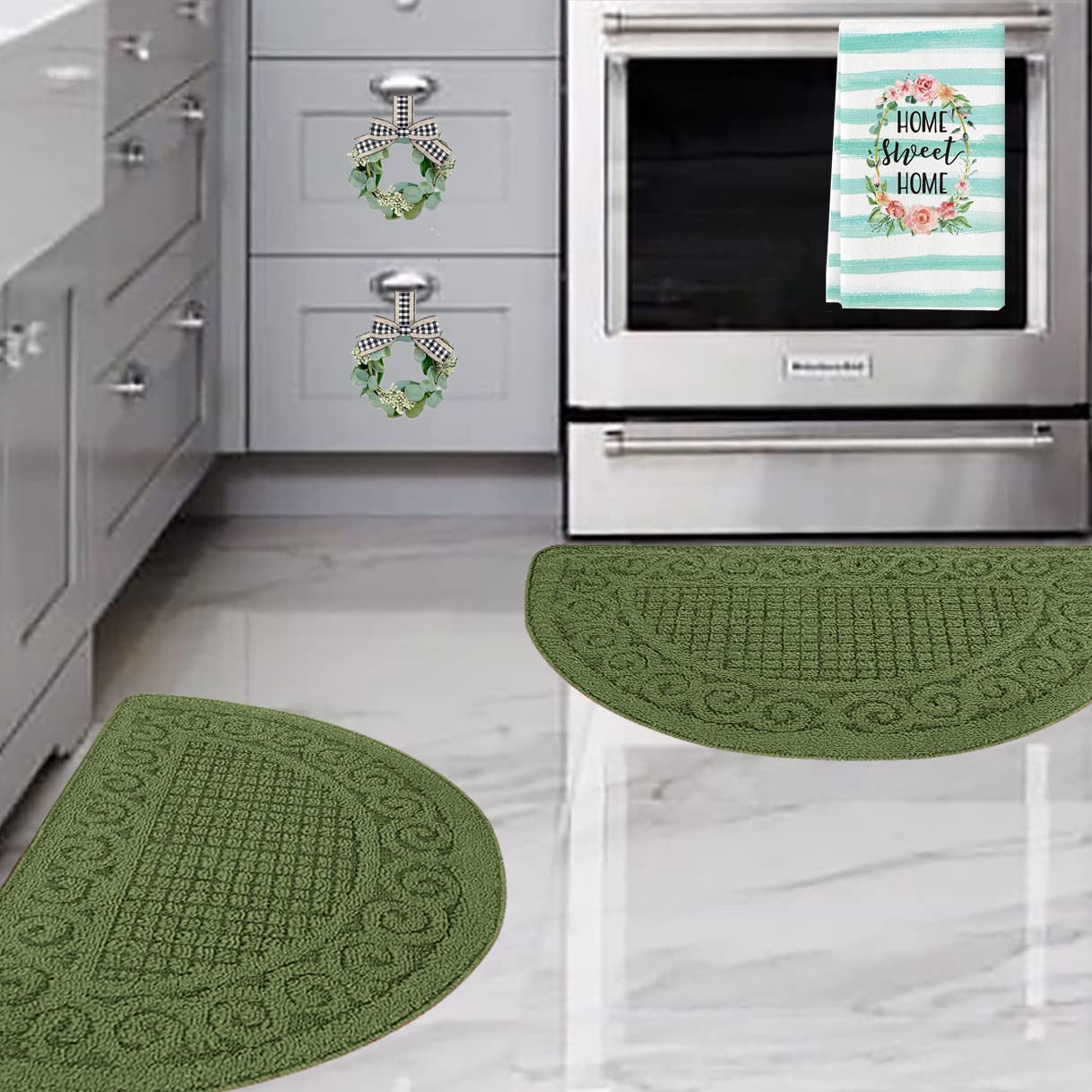 Green Kitchen Rugs for Floor 2 Piece 18   X30   , Non Skid Washable Kitchen Mats, Absorbent Standing Rug, Throw Rug,Half Circle 