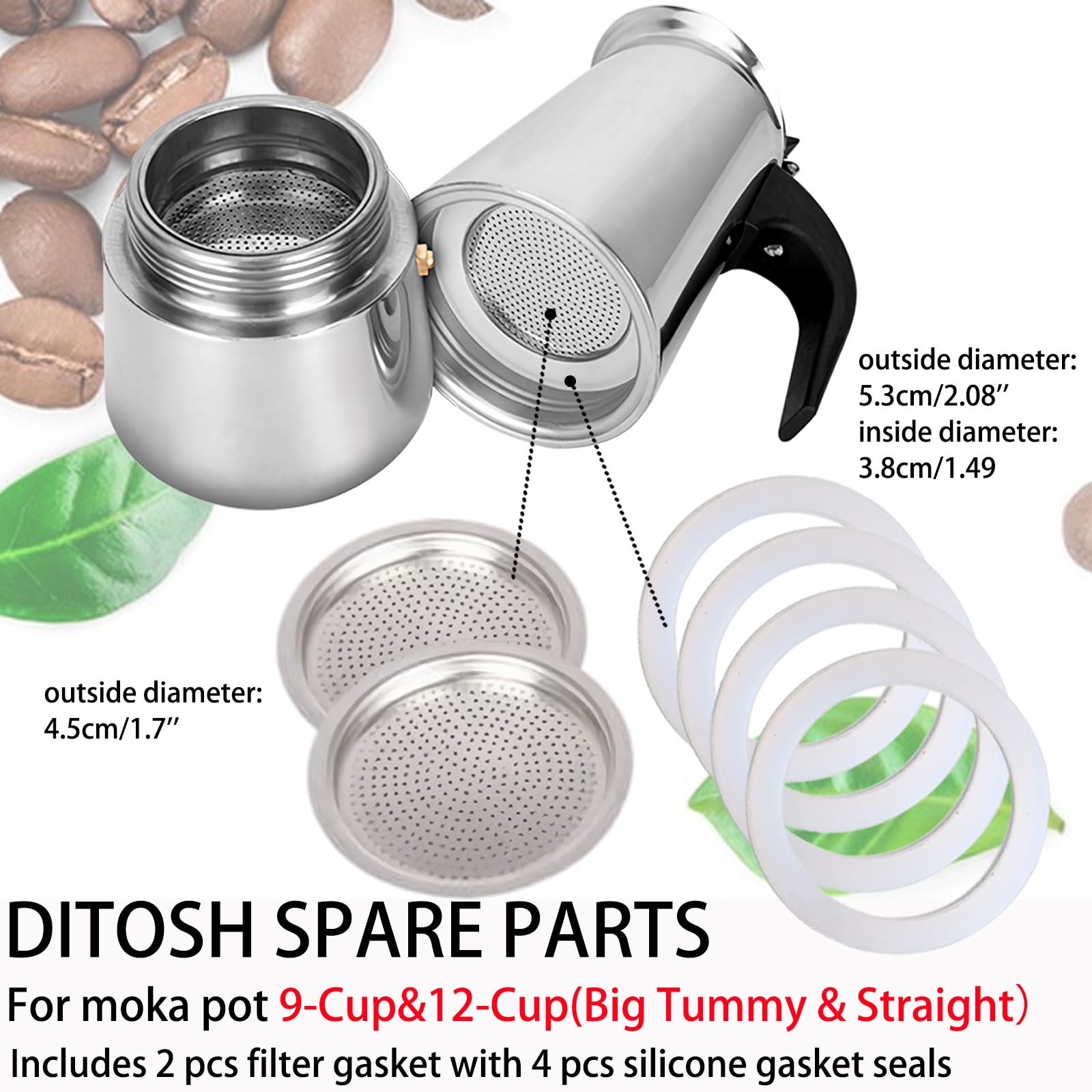 Ditosh 2 Pcs Filter With 4 Pcs Silicone Gasket Seals For 9/12 Cup Stovetop Espresso Coffee Maker Replacement Parts For Big Tummy