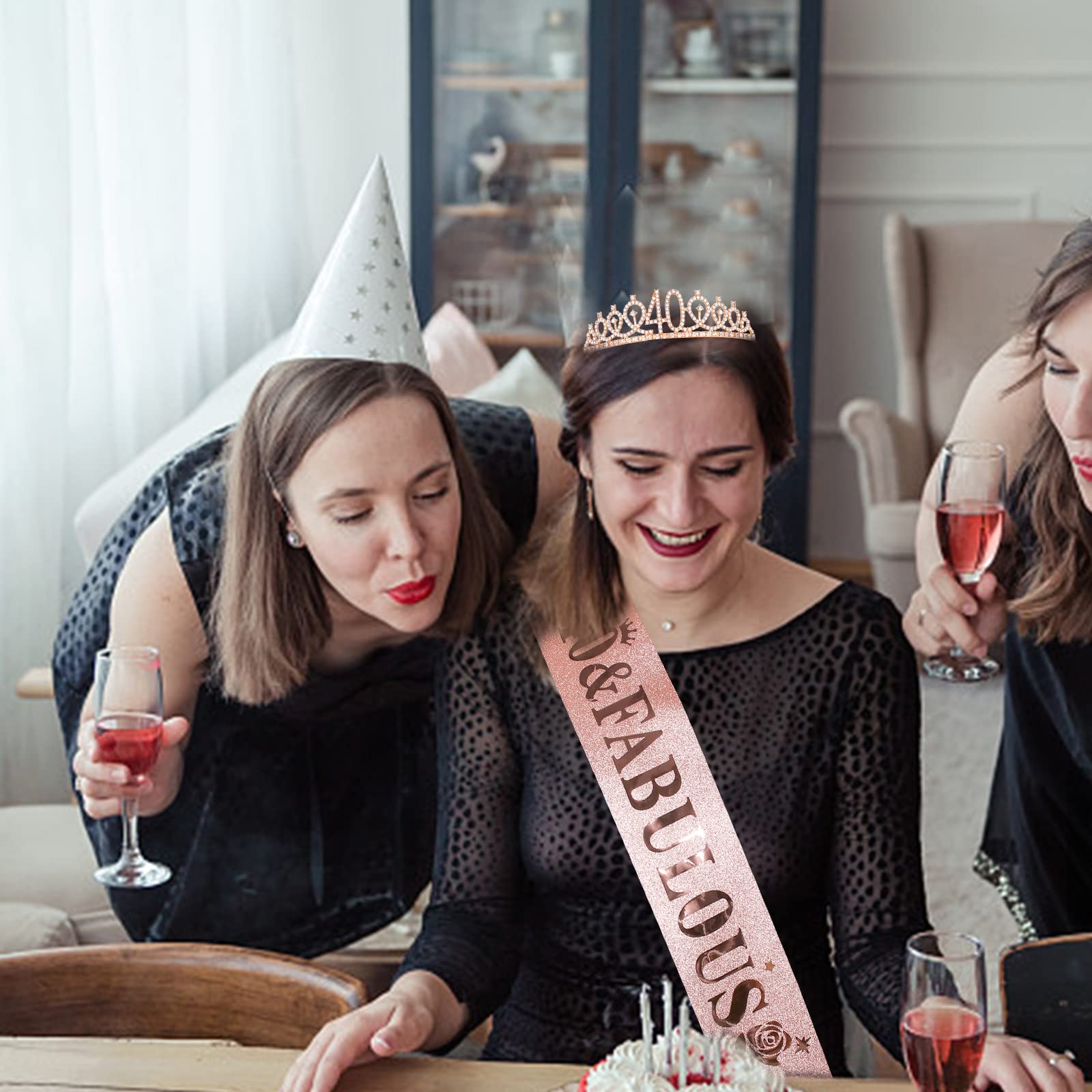 Casoty 40Th Birthday Sash And Tiara For Women, 40Th Birthday Decorations Women, Rose Gold 40Th Crown And 40 & Fabulous Sash Set,