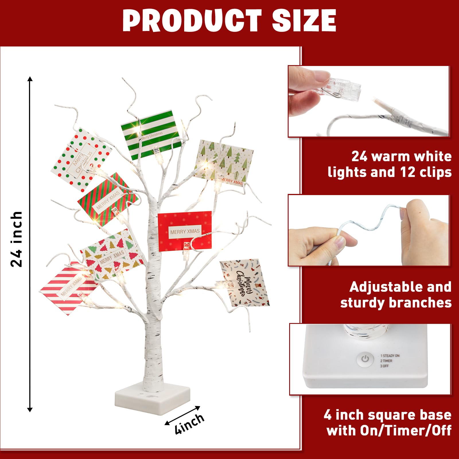 EAMBRITE Christmas Tree with Gift Cards, Money Tree Gift Holder, White Lighted Birch Tree Tabletop 2 FT 24 LED, Light Up Display