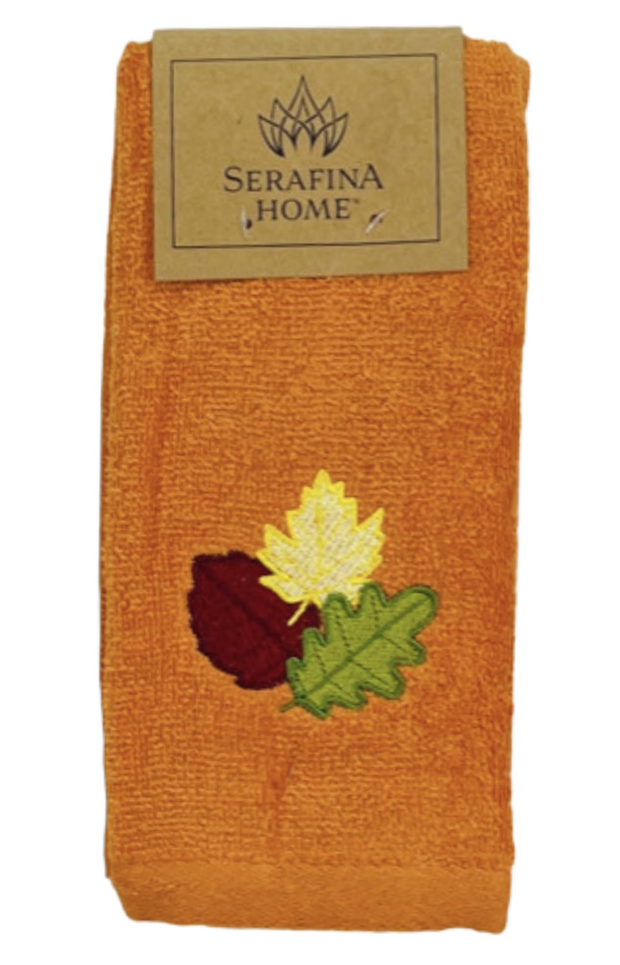 Serafina Home Decorative Fall Leaf Fingertip Towels: Embroidered Gold Burgundy Green Leaves Design On Plush Orange, 2 Piece Set,