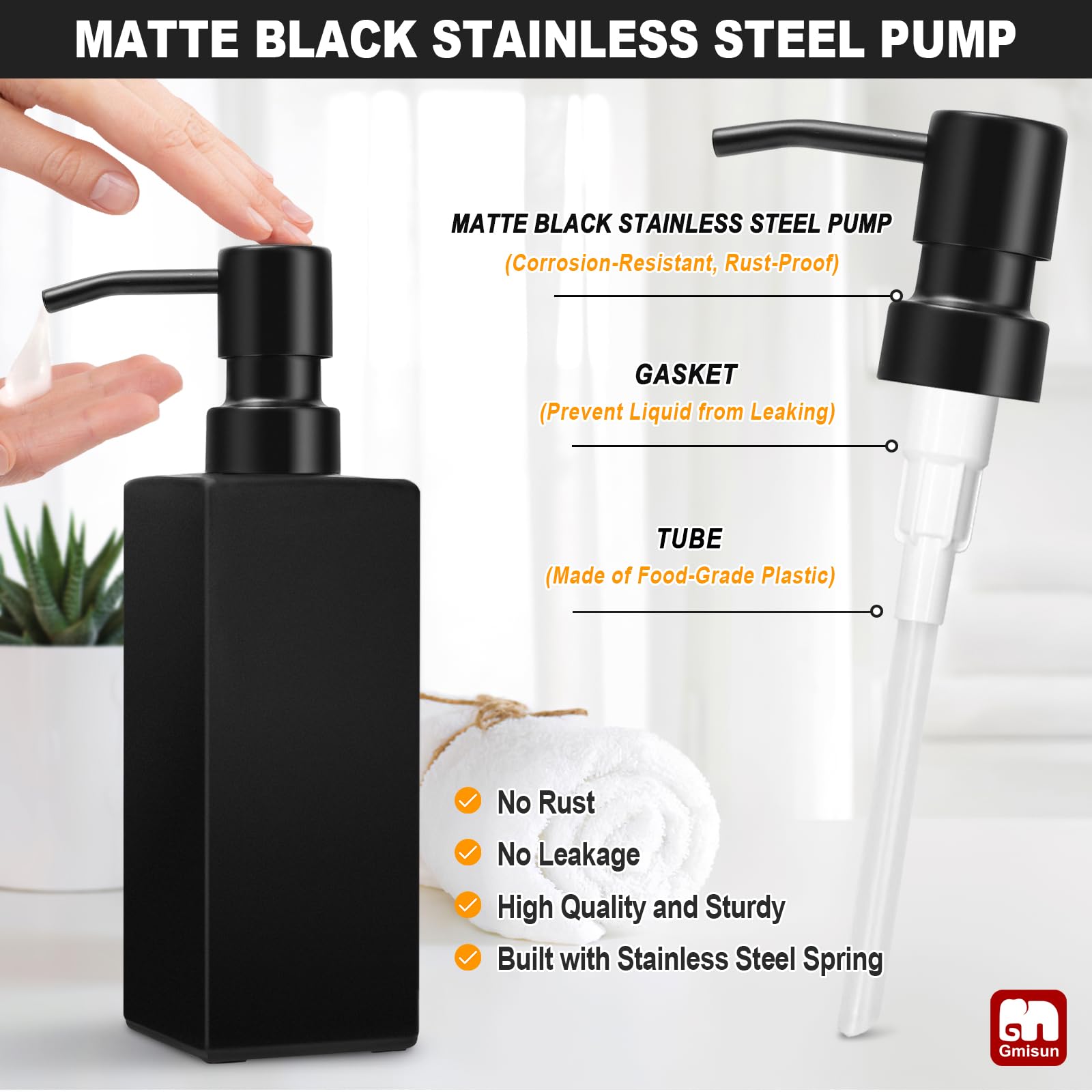 Gmisun Black Soap Dispenser, Hand Soap Dispenser Bathroom, 12Oz Glass Soap Dispenser With Stainless Steel Pump, Liquid Dish Soap