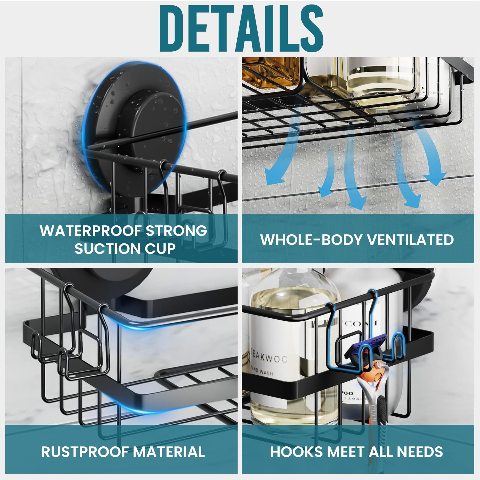 Taili Corner-Adaptive Suction Cup Shower Caddy 2 Pack, Stainless Steel Rustproof Corner Shower Shelves, Drill-Free Wall Mounted