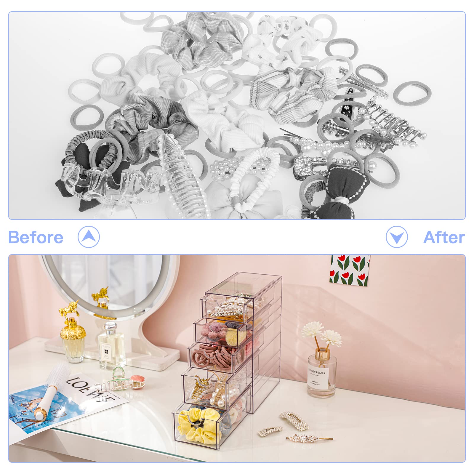 FABROK Clear Hair Accessory Organizer Box with 5 Drawers, Compact Storage Organization Drawers Set for Cosmetics, Glasses, Stati